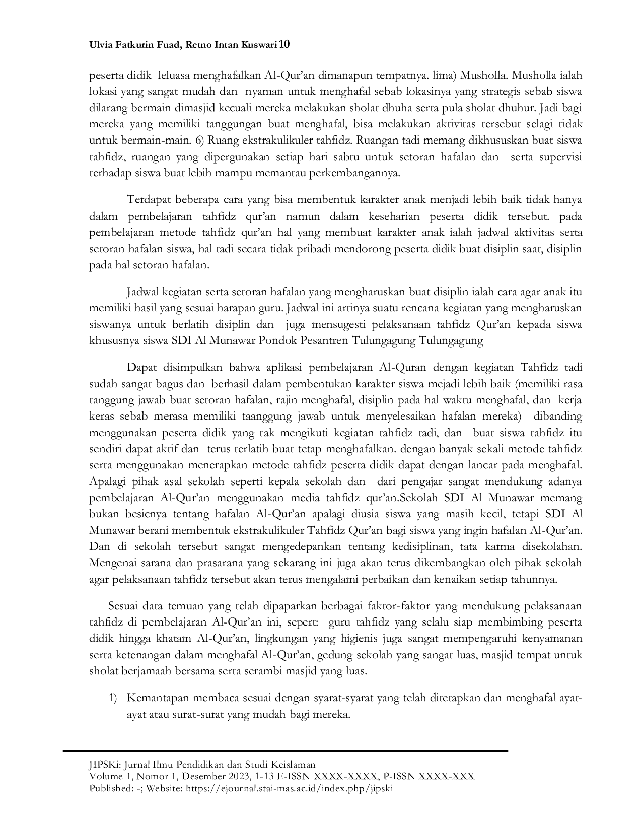 JURIS Penerapan Kegiatan Tahfidz Qur an Dalam Efektifitas Pembentukan Karakter Siswa MI Al Ishlah Pondok Pesantren Tulungagung