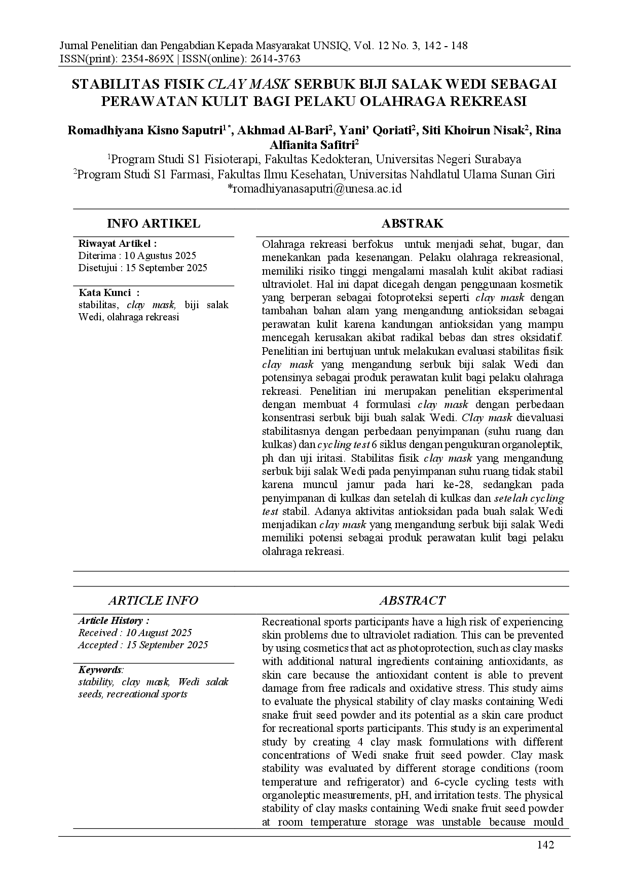 juris Stabilitas Fisik Clay Mask Serbuk Biji Salak Wedi Sebagai Perawatan Kulit Bagi Pelaku Olahraga Rekreasi