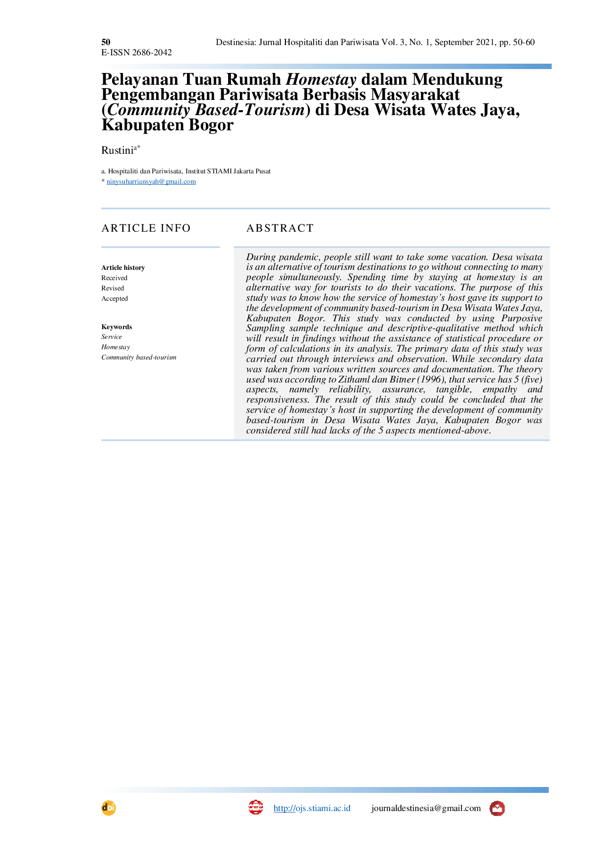 JURIS Pelayanan Tuan Rumah Homestay dalam Mendukung Pengembangan Pariwisata Berbasis Masyarakat Community Based Tourism di Desa Wisata Wates Jaya Kabupaten Bogor