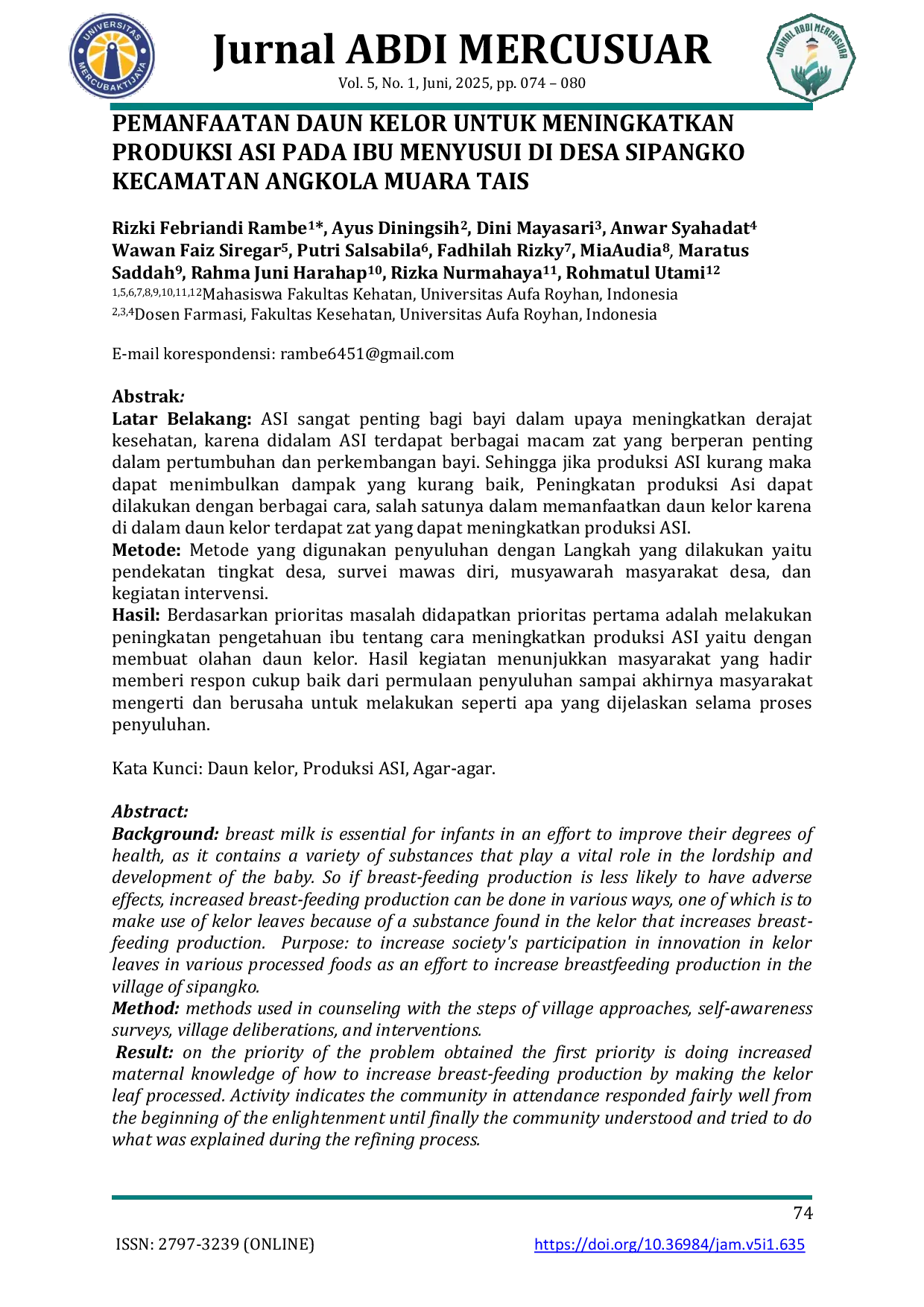 JURIS Pemanfaatan Daun Kelor Untuk Meningkatkan Produksi Asi Pada Ibu Menyusui Di Desa Sipangko Kecamatan Angkola Muara Tais