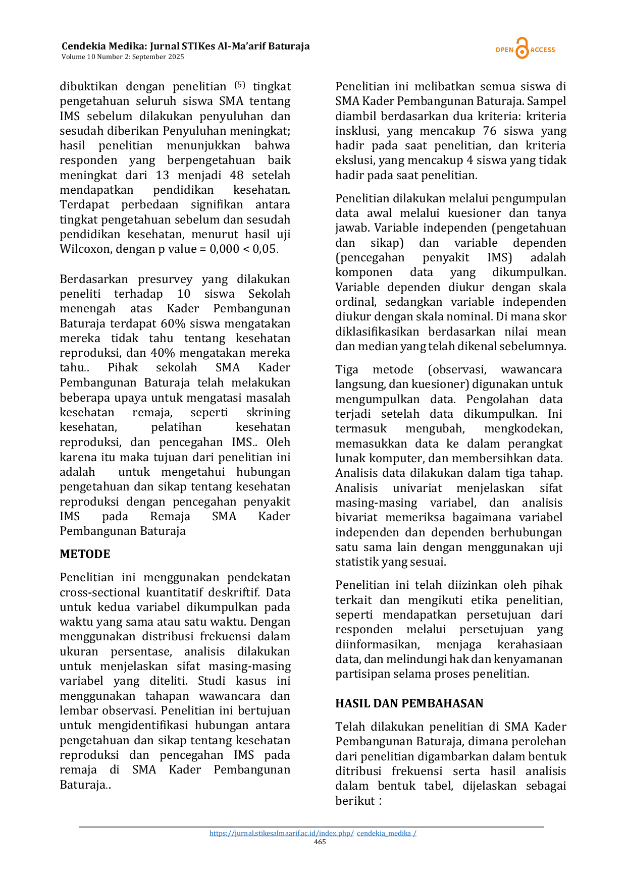 JURIS Hubungan Pengetahuan dan Sikap Tentang Kesehatan Reproduksi dengan Pencegahan Penyakit Infeksi Menular Seksual Pada Remaja