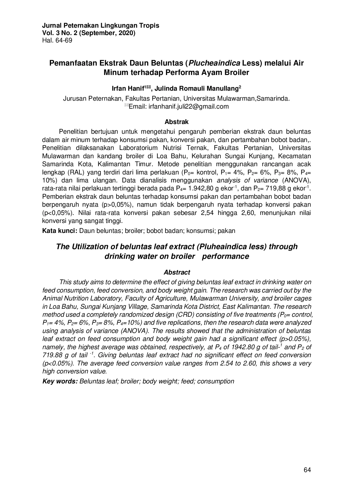 JURIS Pemanfaatan Ekstrak Daun Beluntas Plucheaindica Less melalui Air Minum terhadap Performa Ayam Broiler