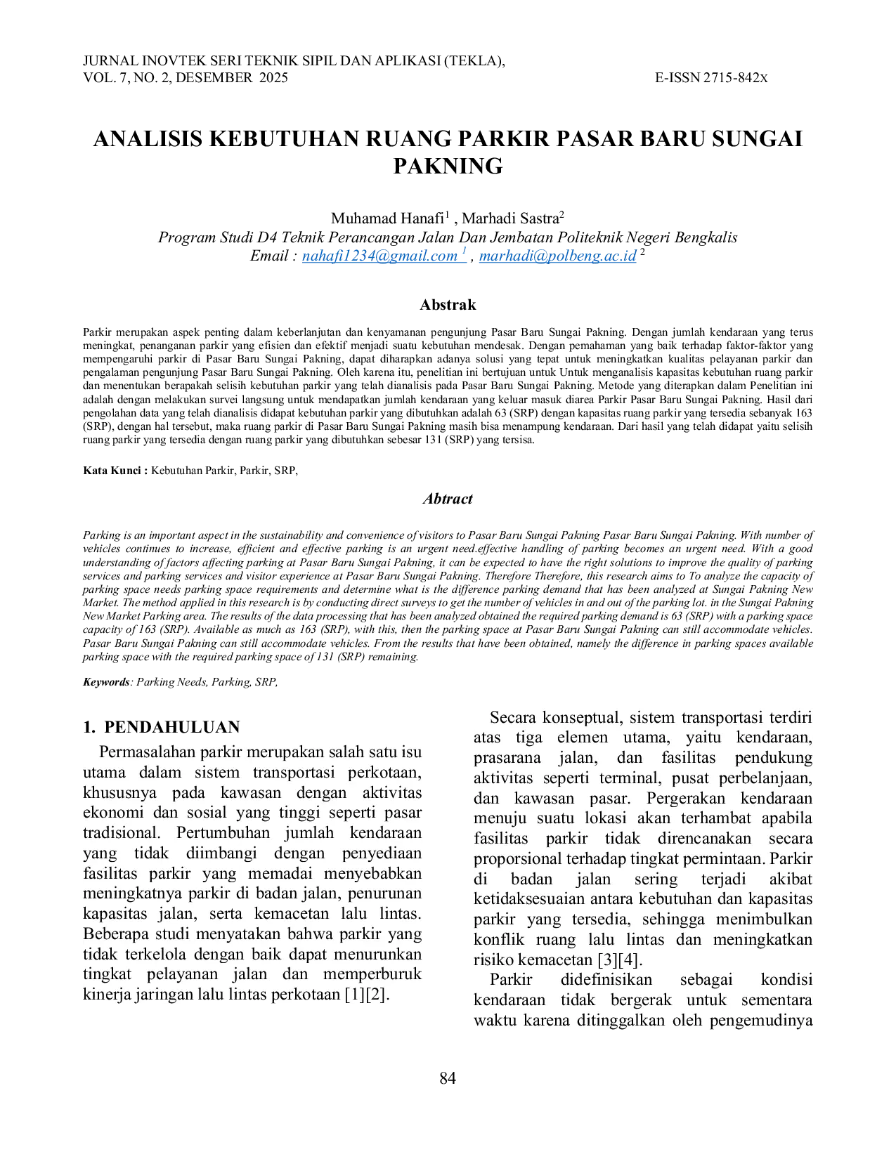 JURIS Analisis Kebutuhan Ruang Parkir Pasar Baru Sungai Pakning