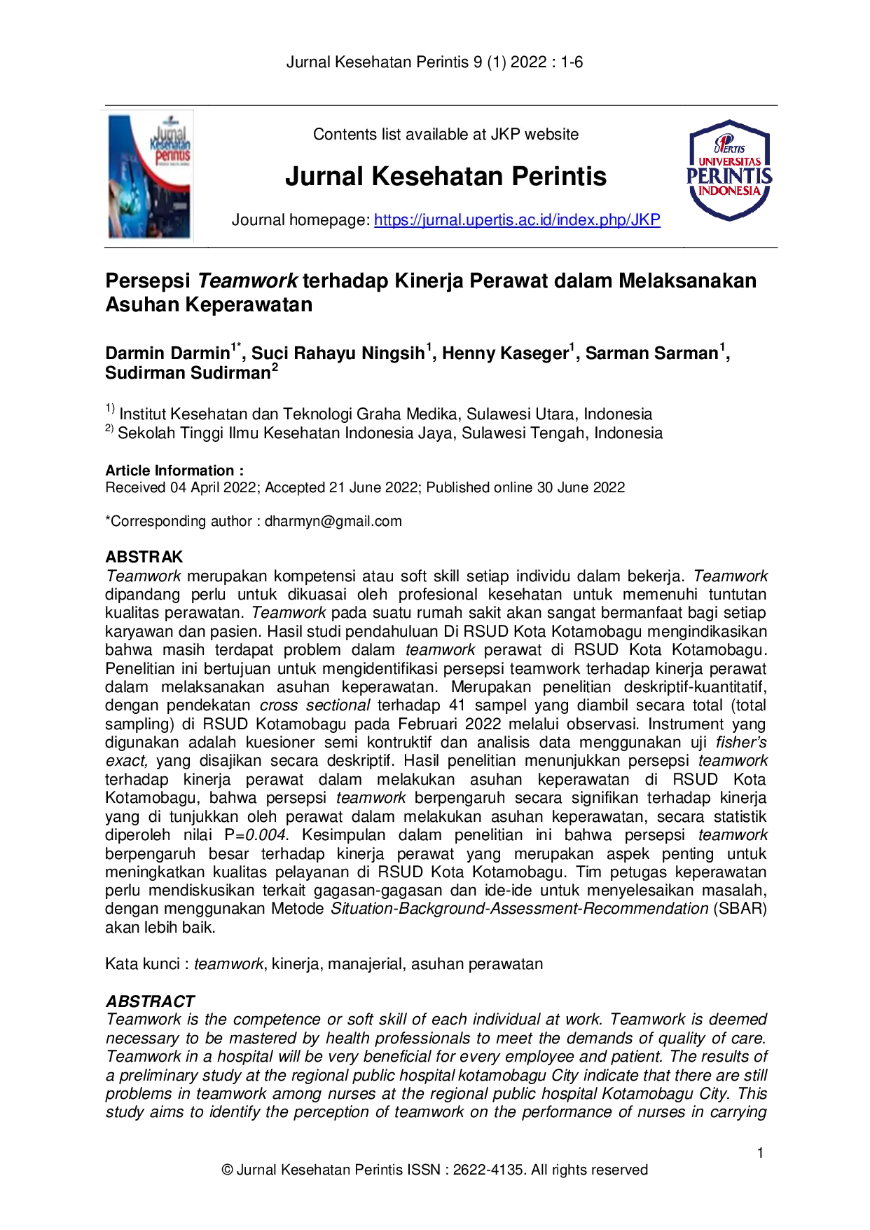 JURIS Persepsi Teamwork terhadap Kinerja Perawat dalam Melaksanakan Asuhan Keperawatan