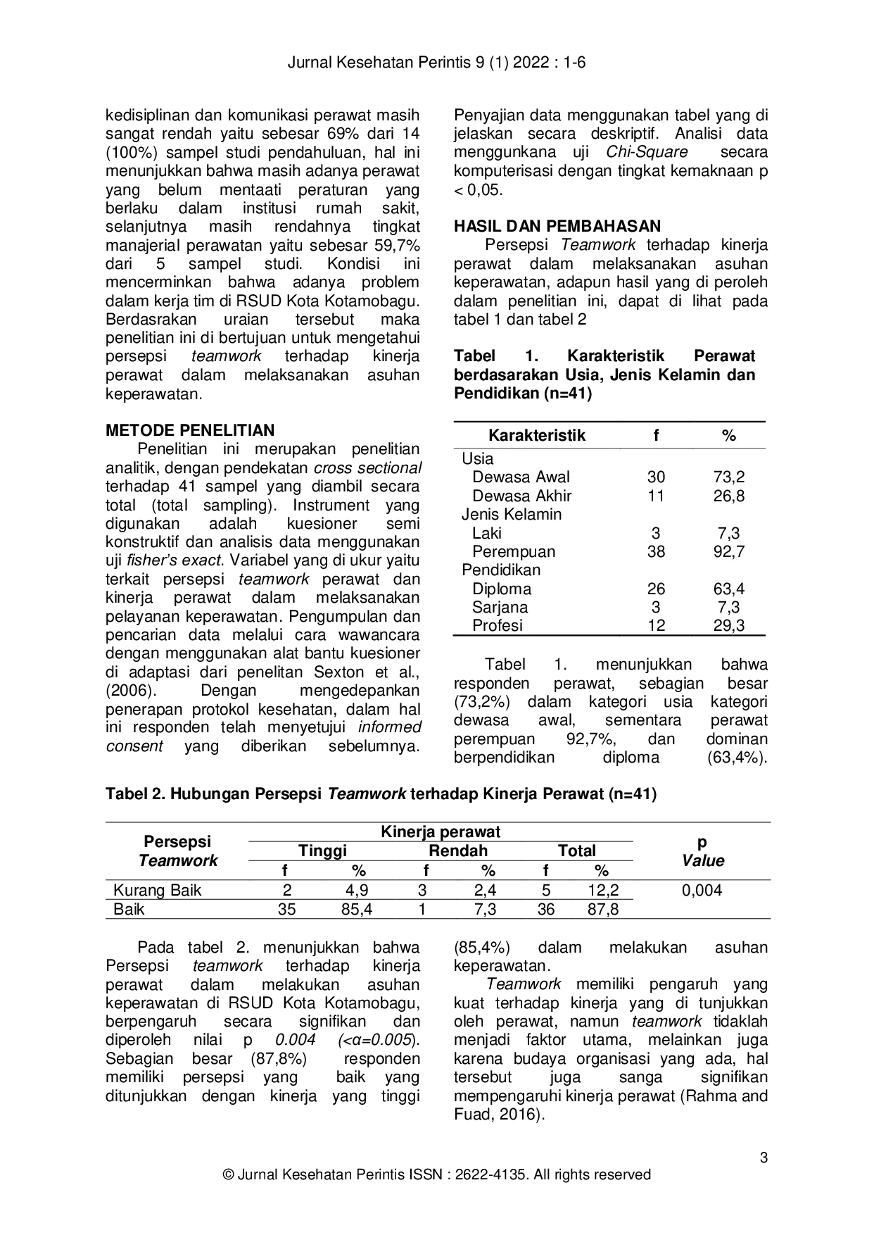 JURIS Persepsi Teamwork terhadap Kinerja Perawat dalam Melaksanakan Asuhan Keperawatan