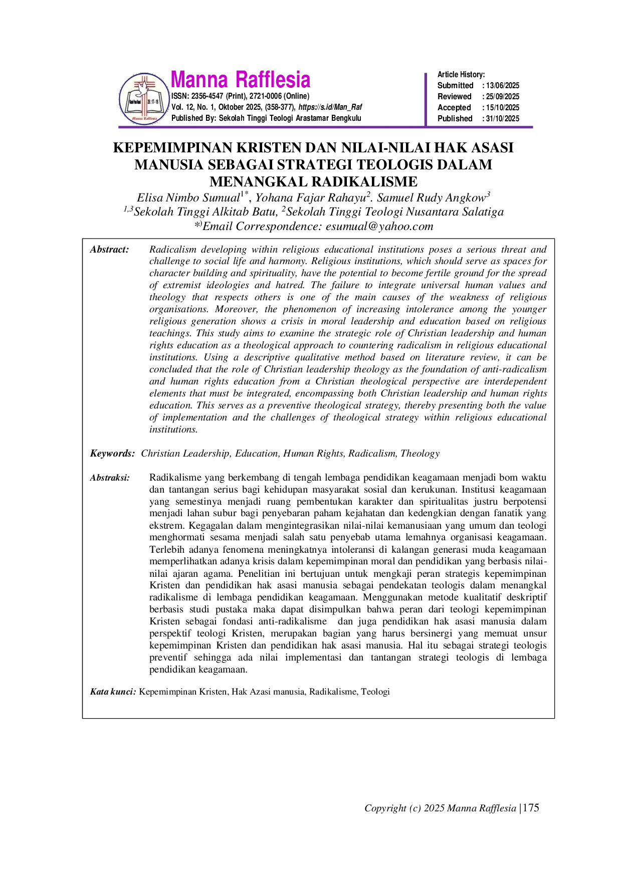 JURIS Kepemimpinan Kristen Dan Nilai Nilai Hak Asasi Manusia Sebagai Strategi Teologis Dalam Menangkal Radikalisme