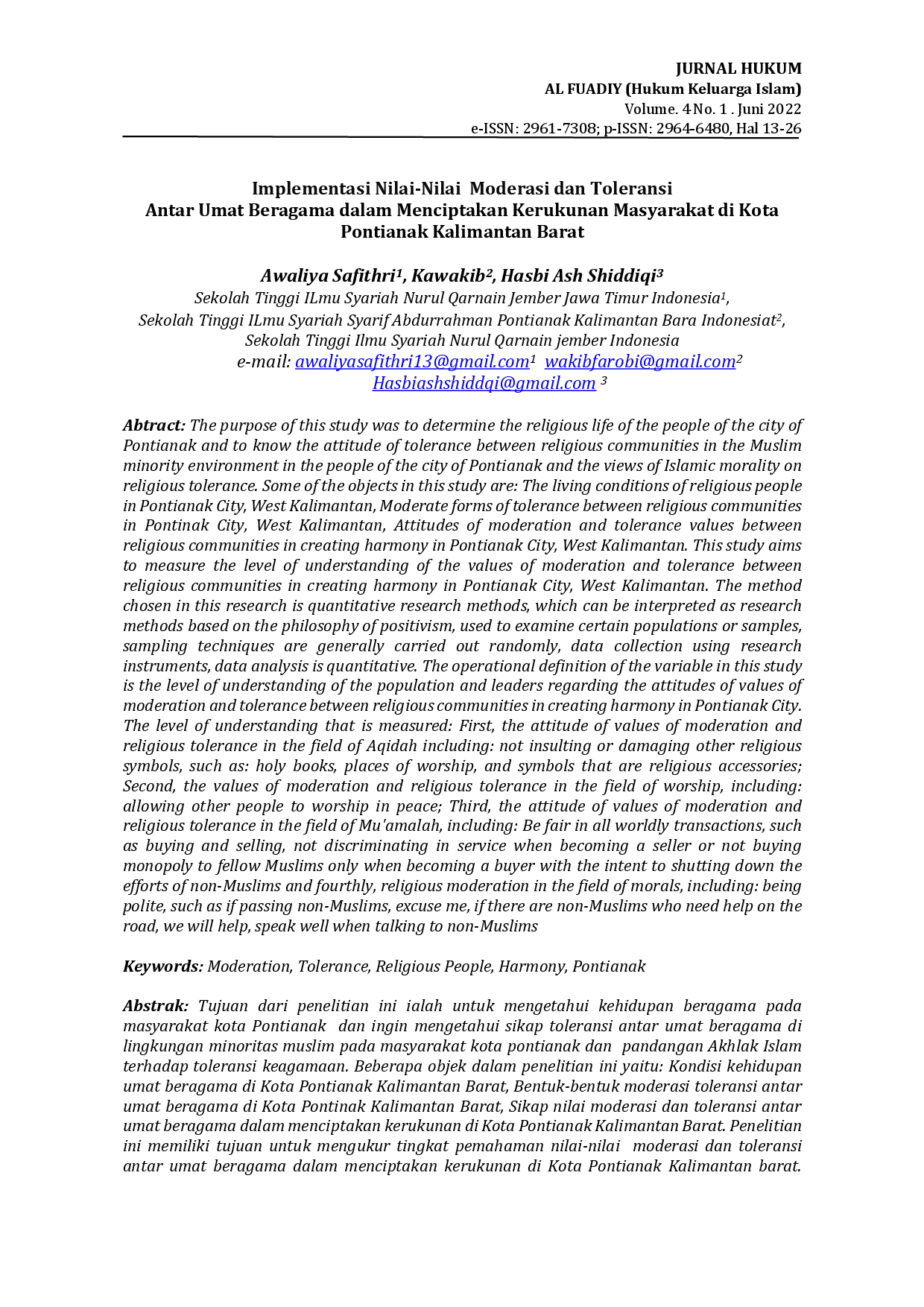 juris Implementasi Nilai Nilai Moderasi dan Toleransi Antar Umat Beragama dalam Menciptakan Kerukunan Masyarakat di Kota Pontianak Kalimantan Barat