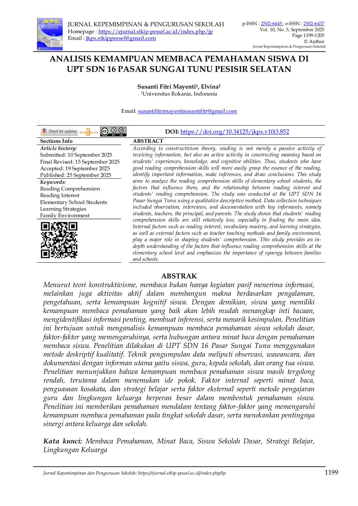 JURIS Analisis Kemampuan Membaca Pemahaman Siswa Di UPT SDN 16 Pasar Sungai Tunu Pesisir Selatan