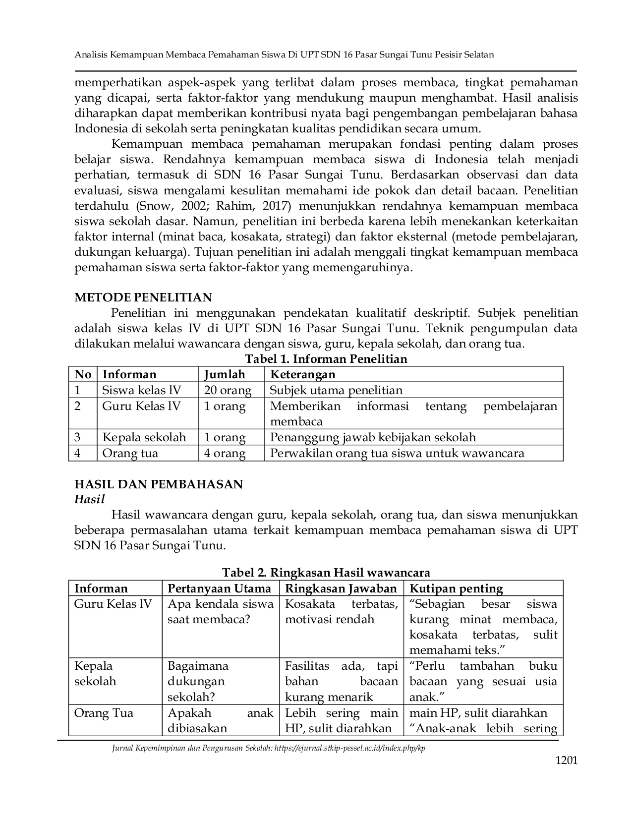 JURIS Analisis Kemampuan Membaca Pemahaman Siswa Di UPT SDN 16 Pasar Sungai Tunu Pesisir Selatan