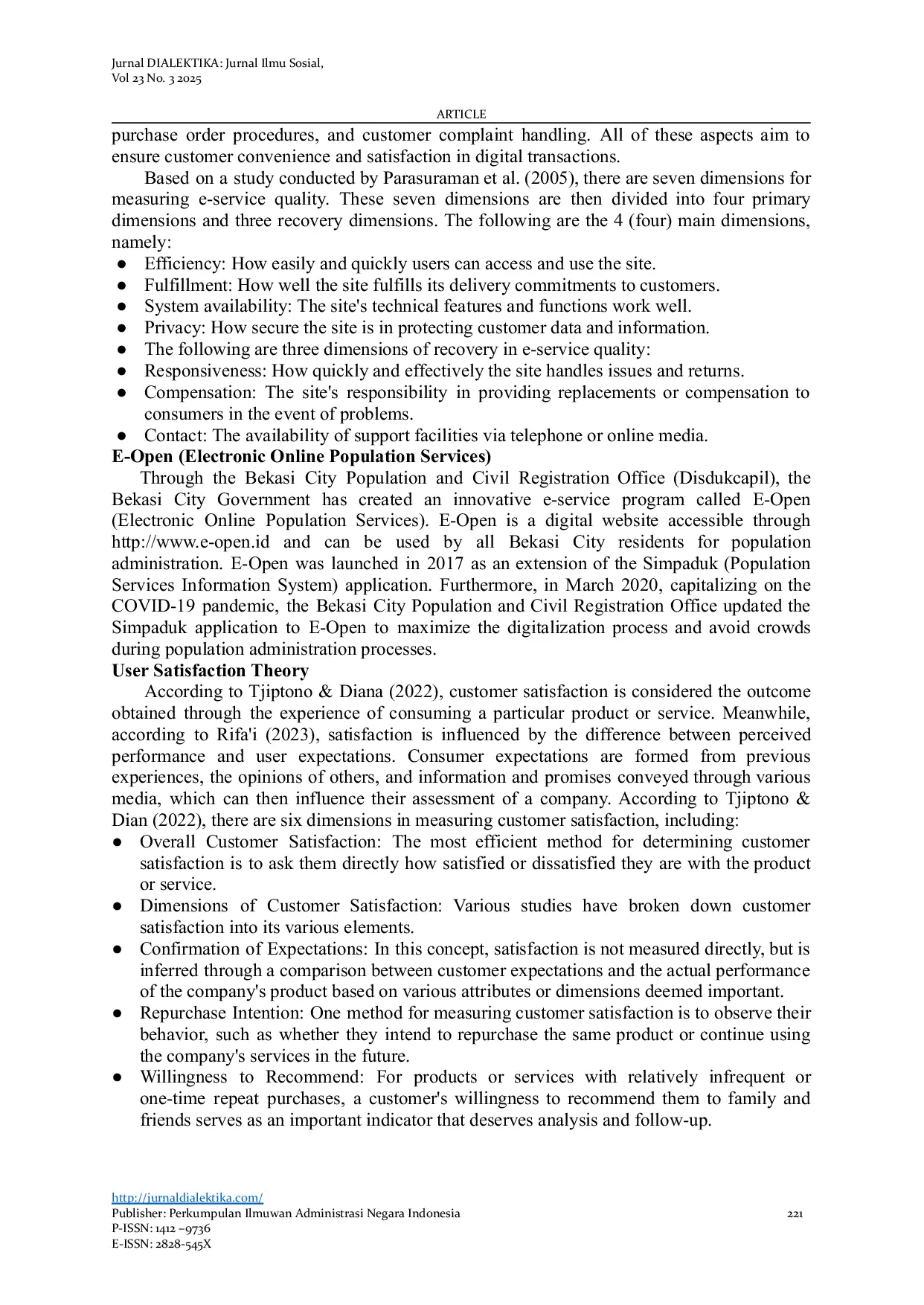JURIS The Effect of the Quality of the E Open Service System of the Population and Civil Registration Service on User Satisfaction in Bekasi City