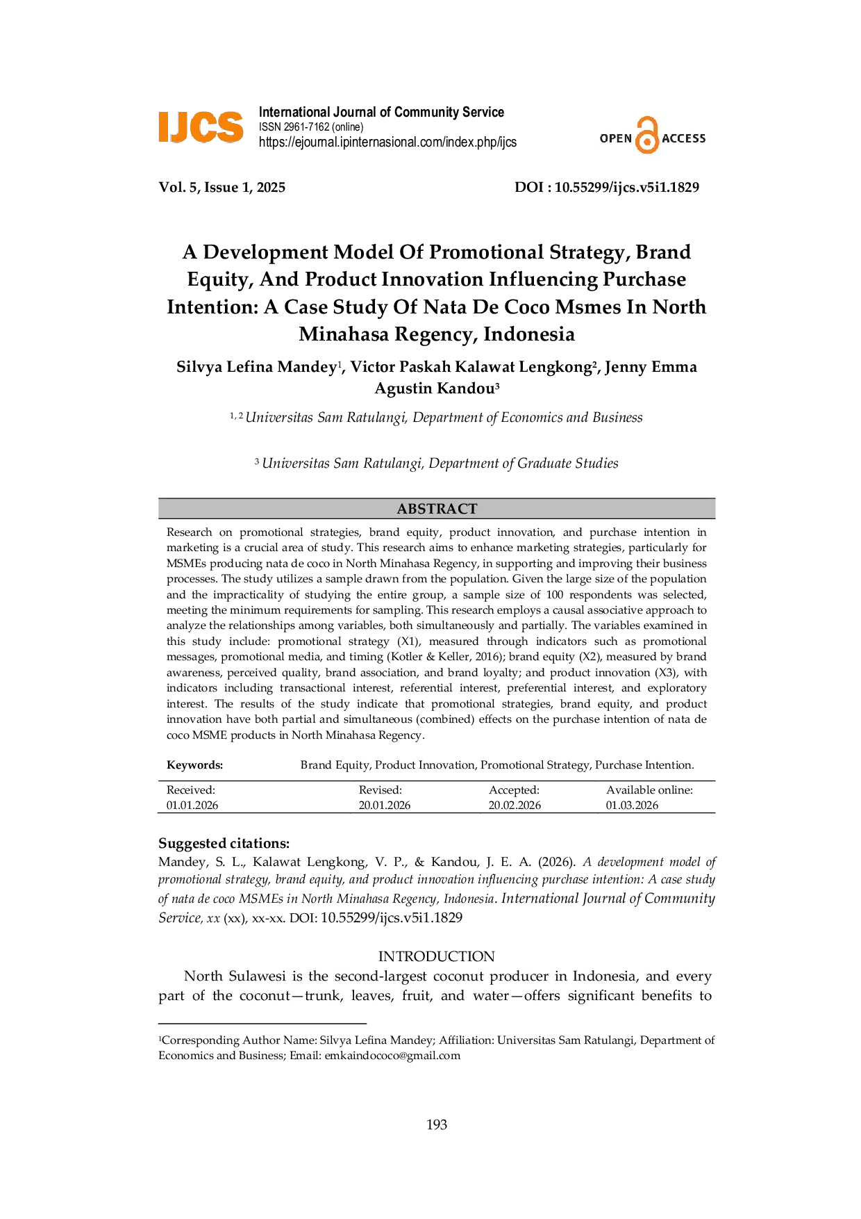JURIS A Development Model Of Promotional Strategy Brand Equity And Product Innovation Influencing Purchase Intention A Case Study Of Nata De Coco MSMEs In North Minahasa Regency Indonesia