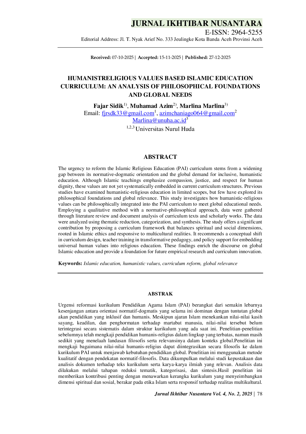 JURIS Humanist Religious Values Based Islamic Education Curriculum An Analysis of Philosophical Foundations and Global Needs