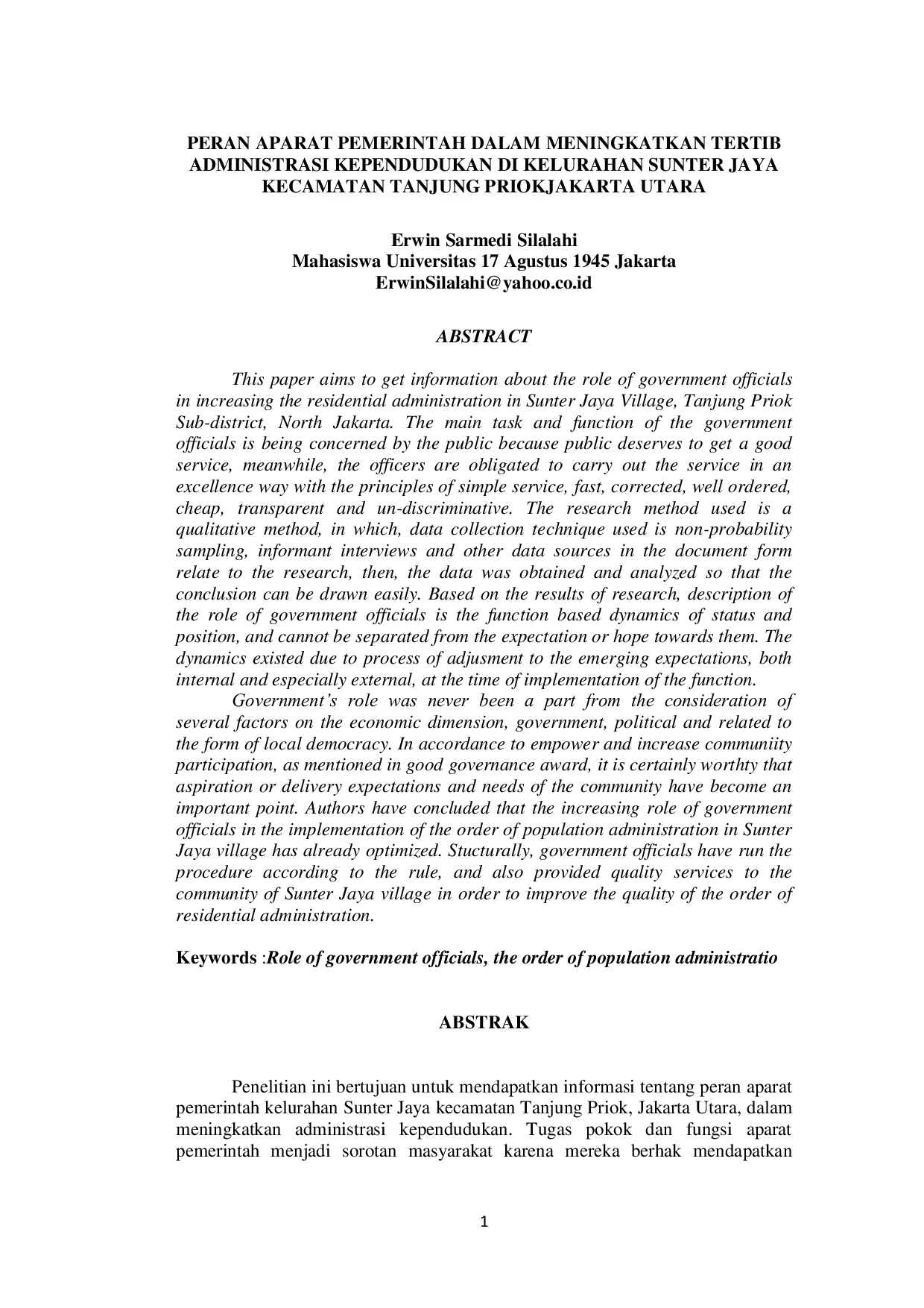 JURIS Peran Aparat Pemerintah Dalam Meningkatkan Tertib Administrasi Kependudukan Di Kelurahan Sunter Jaya Kecamatan Tanjung Priok Jakarta Utara