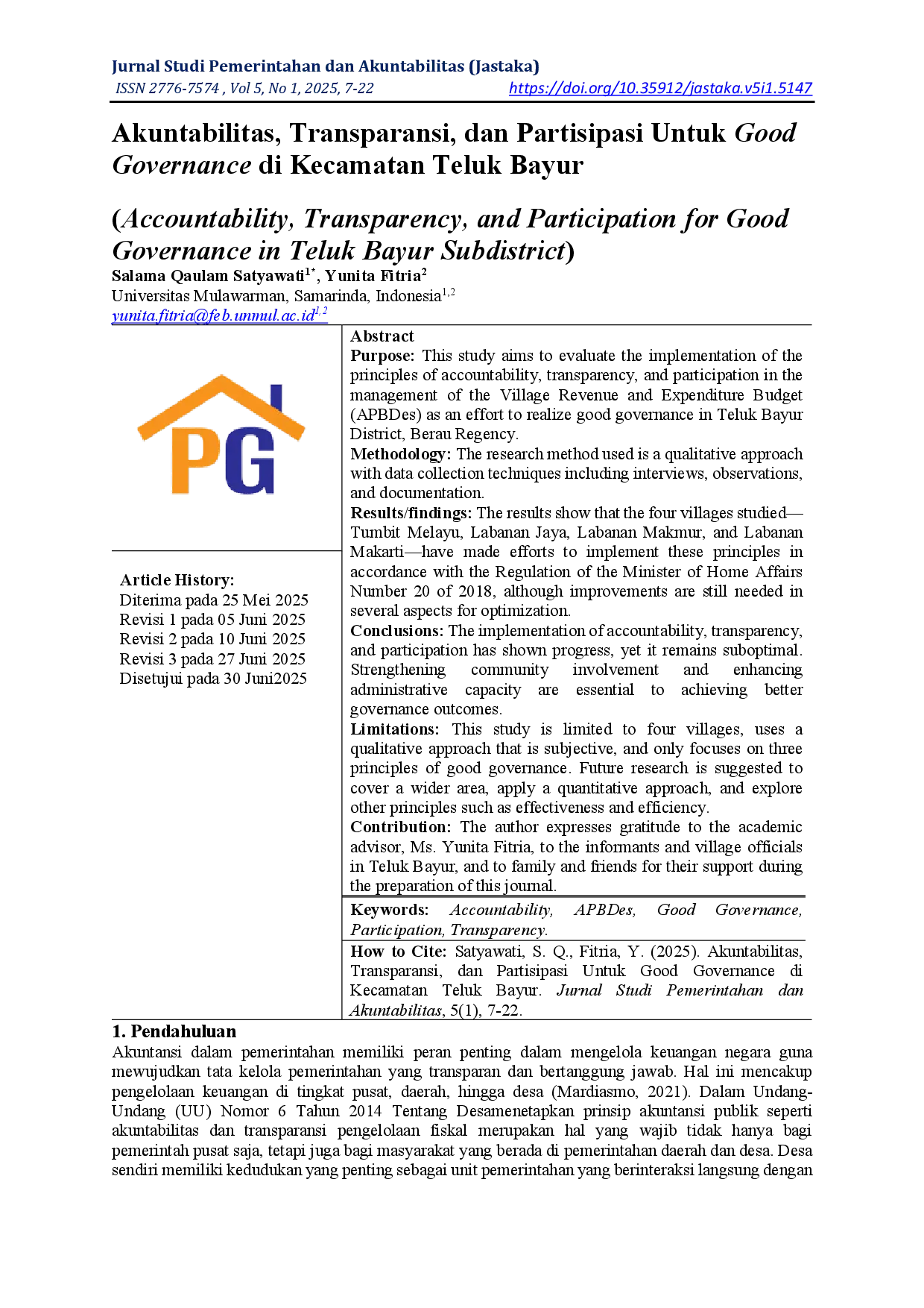 juris Akuntabilitas Transparansi dan Partisipasi Untuk Good Governance di Kecamatan Teluk Bayur