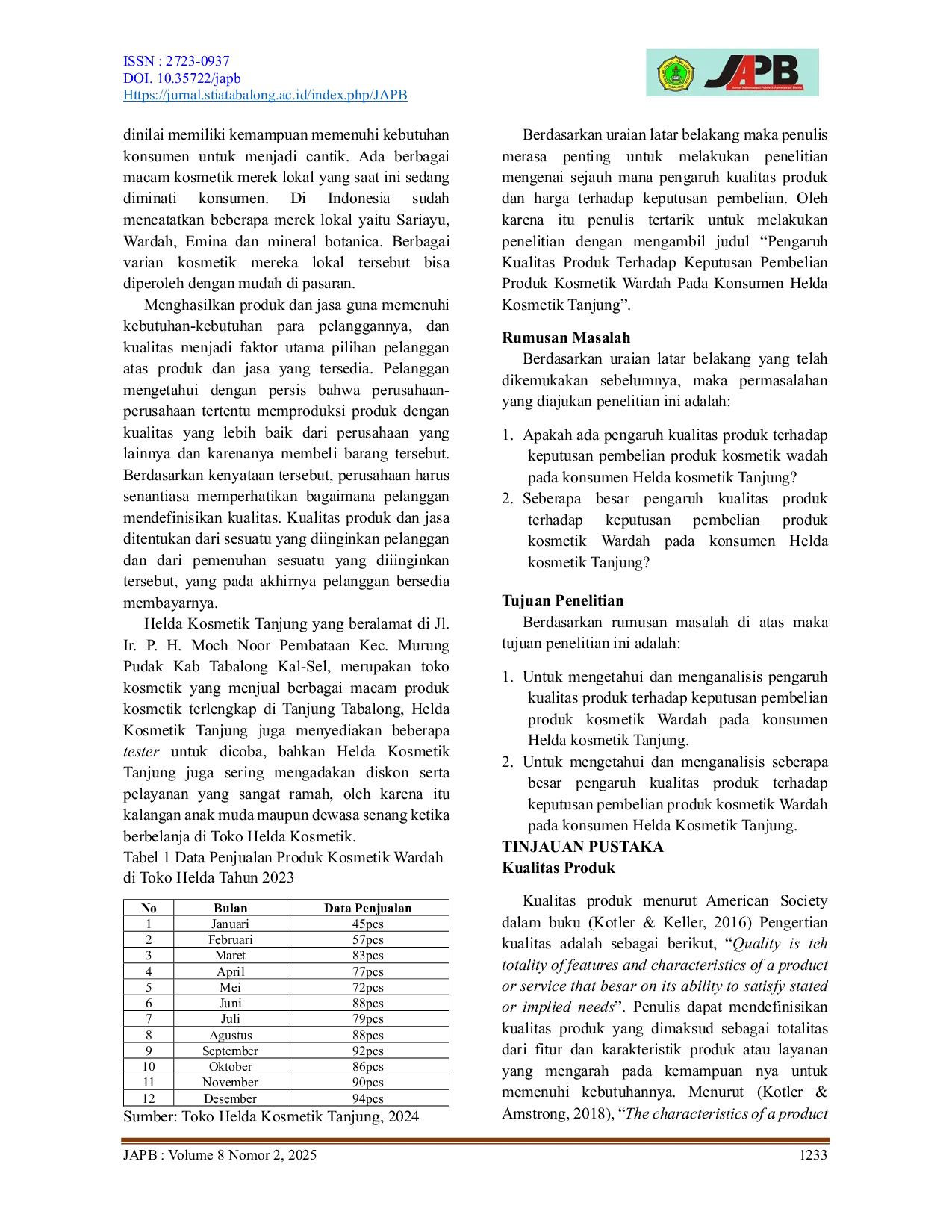 JURIS Pengaruh Kualitas Produk Terhadap Keputusan Pembelian Produk Kosmetik Wardah Pada Konsumen Helda Kosmetik Tanjung