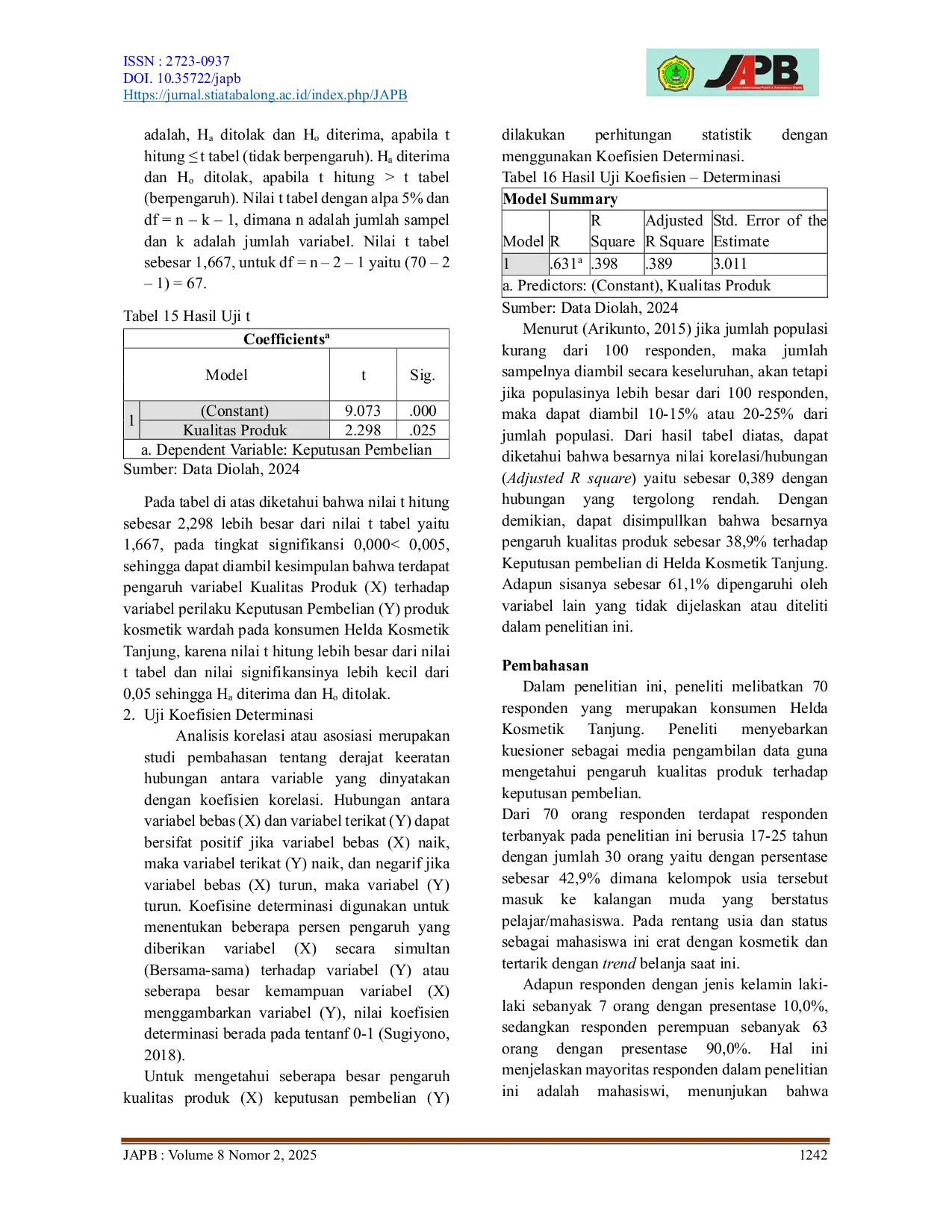 JURIS Pengaruh Kualitas Produk Terhadap Keputusan Pembelian Produk Kosmetik Wardah Pada Konsumen Helda Kosmetik Tanjung