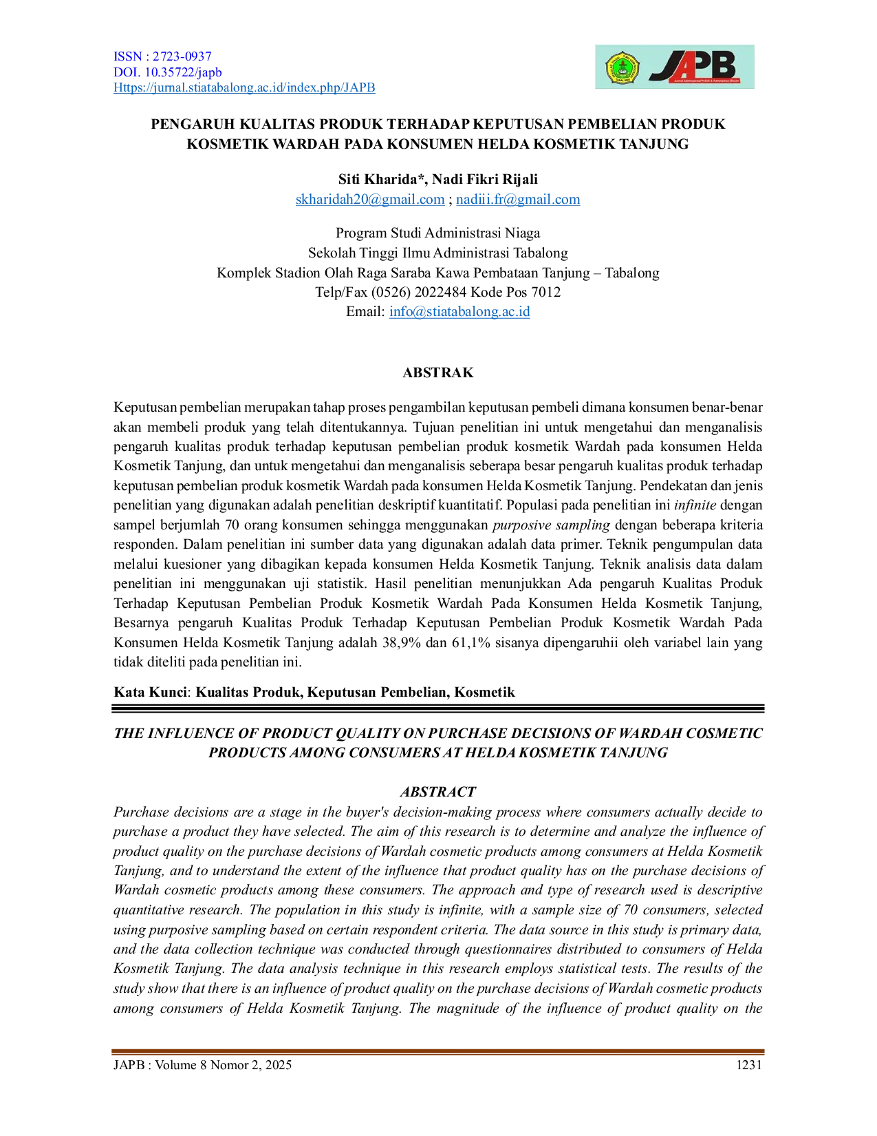 JURIS Pengaruh Kualitas Produk Terhadap Keputusan Pembelian Produk Kosmetik Wardah Pada Konsumen Helda Kosmetik Tanjung