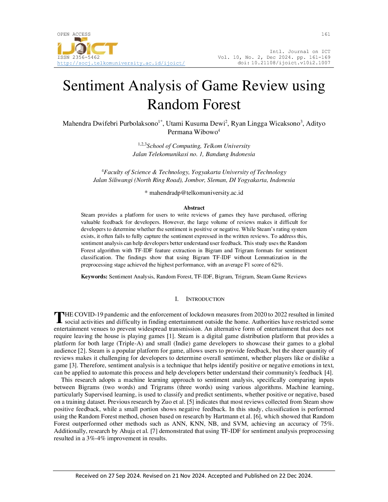 JURIS Sentiment Analysis of Game Review in Steam Platform using Random Forest