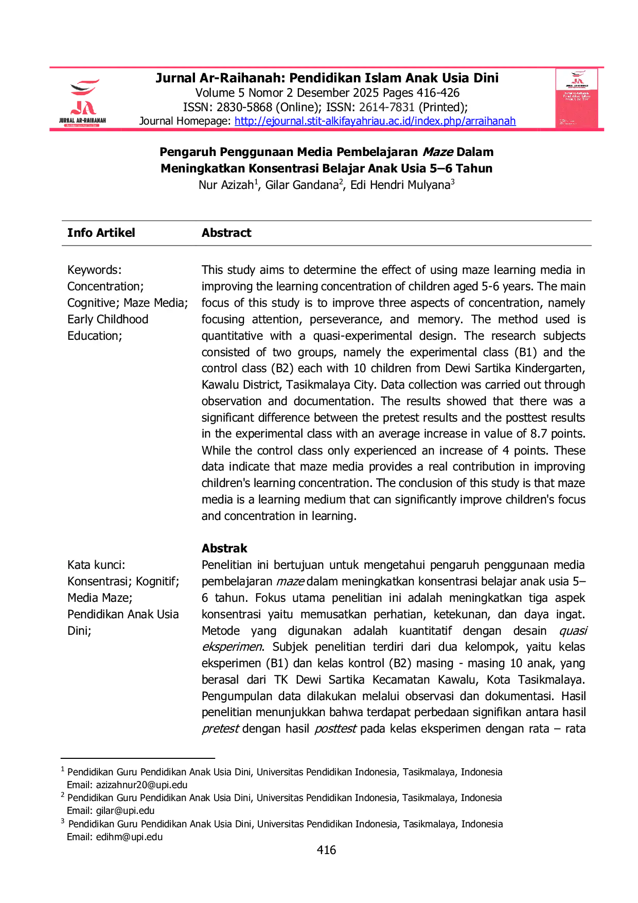 JURIS Pengaruh Penggunaan Media Pembelajaran Maze Dalam Meningkatkan Konsentrasi Belajar Anak Usia 5 6 Tahun