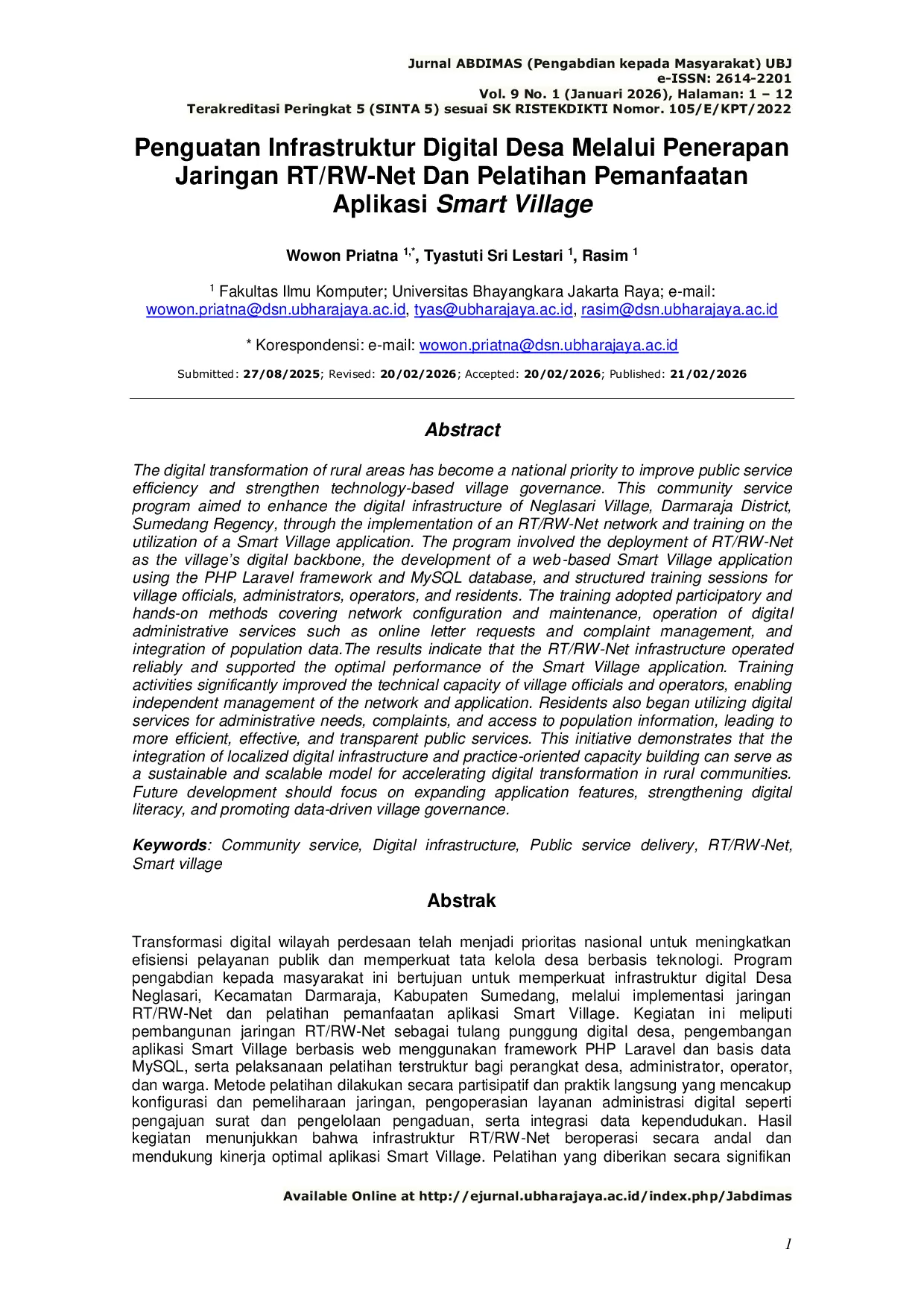 JURIS Penguatan Infrastruktur Digital Desa Melalui Penerapan Jaringan RT RW Net Dan Pelatihan Pemanfaatan Aplikasi Smart Village