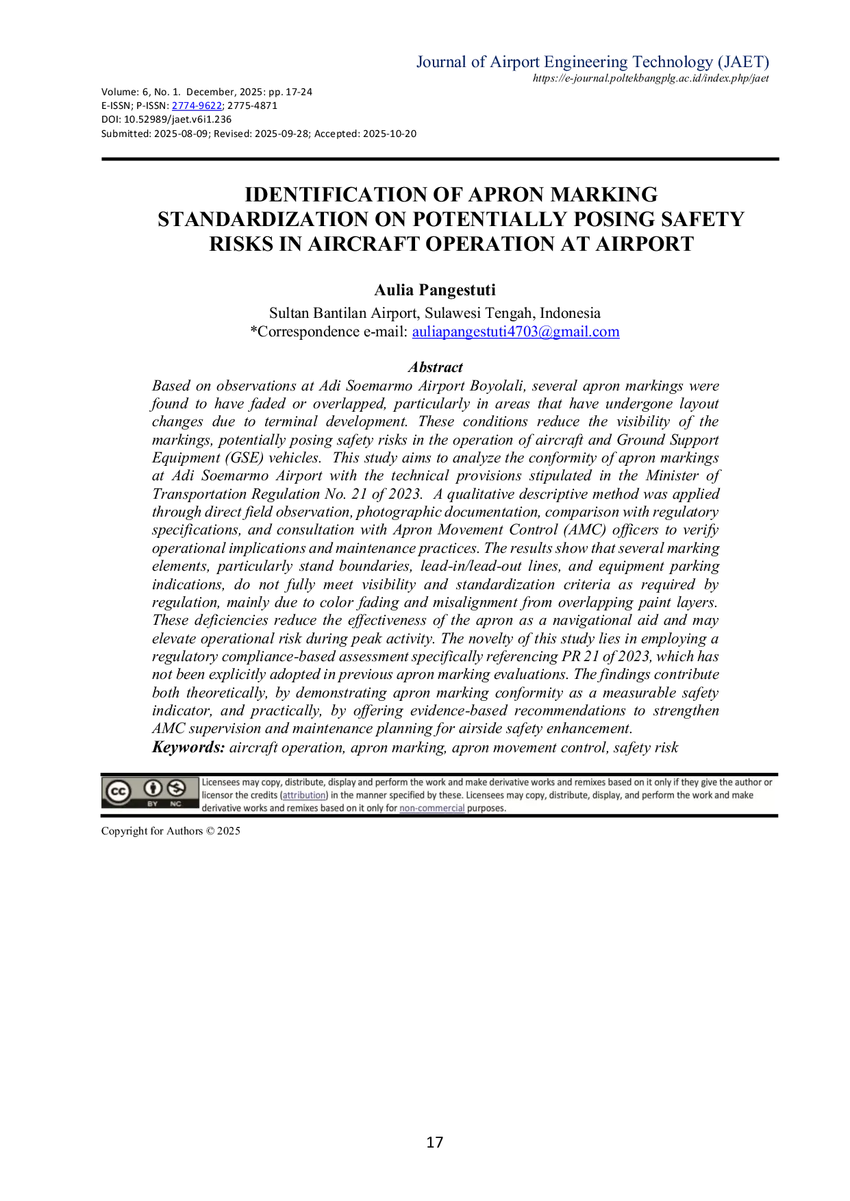 JURIS Identification of Apron Marking Standardization on Potentially Posing Safety Risks in Aircraft Operation at Airport