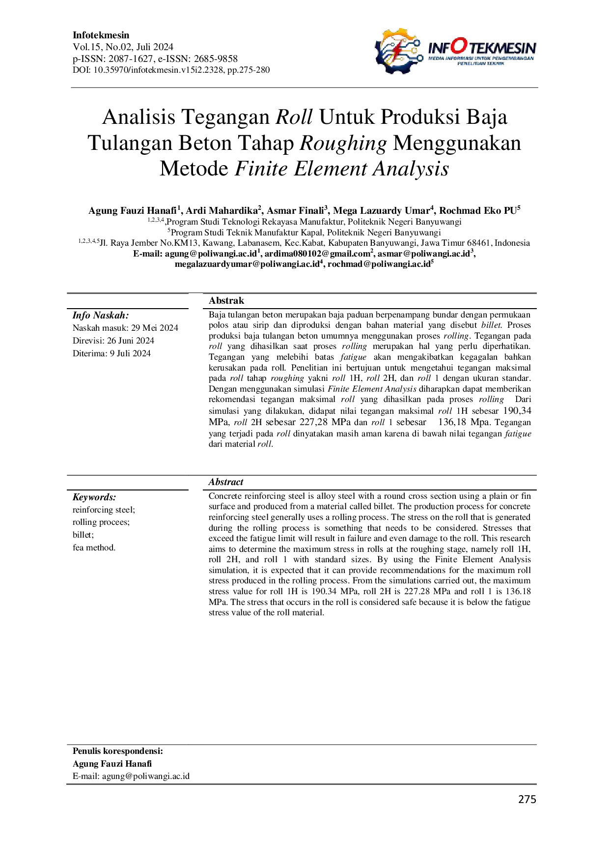 JURIS Analisis Tegangan Roll Untuk Produksi Baja Tulangan Beton Tahap Roughing Menggunakan Metode Finite Element Analysis