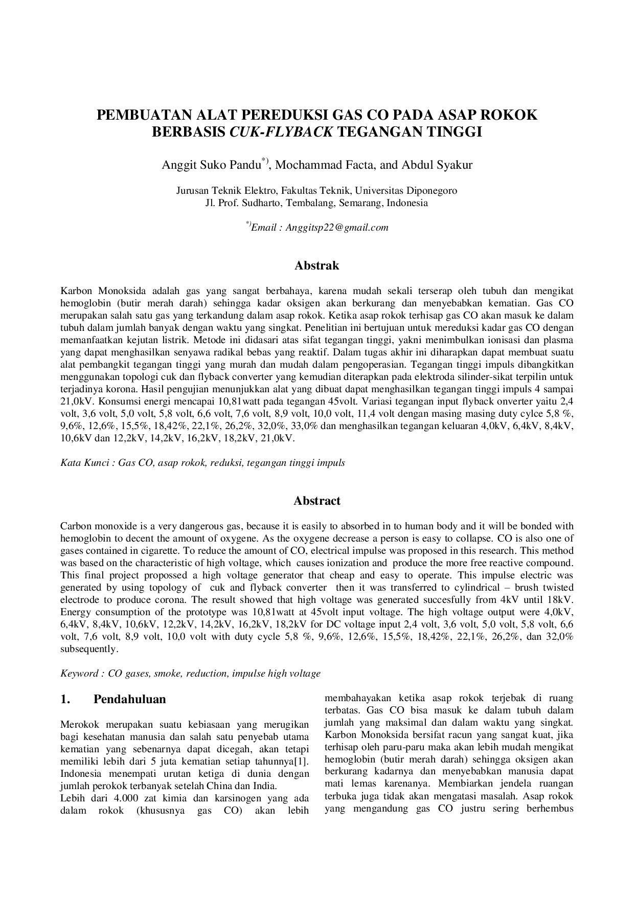 JURIS Pembuatan Alat Pereduksi Gas Co Pada Asap Rokok Berbasis Cuk Flyback Tegangan Tinggi