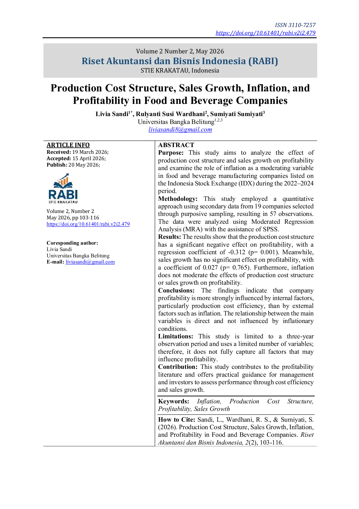 JURIS Production Cost Structure Sales Growth Inflation and Profitability in Food and Beverage Companies