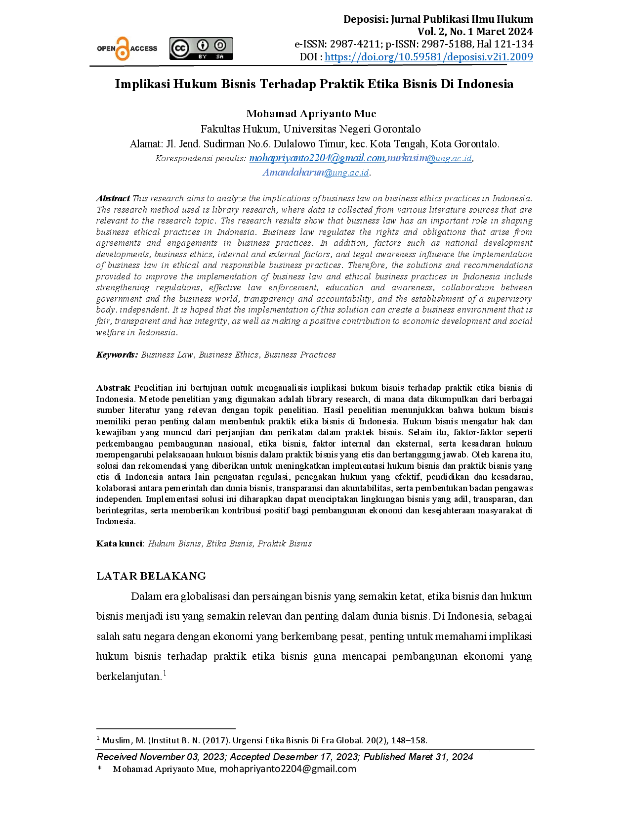 juris Implikasi Hukum Bisnis Terhadap Praktik Etika Bisnis Di Indonesia