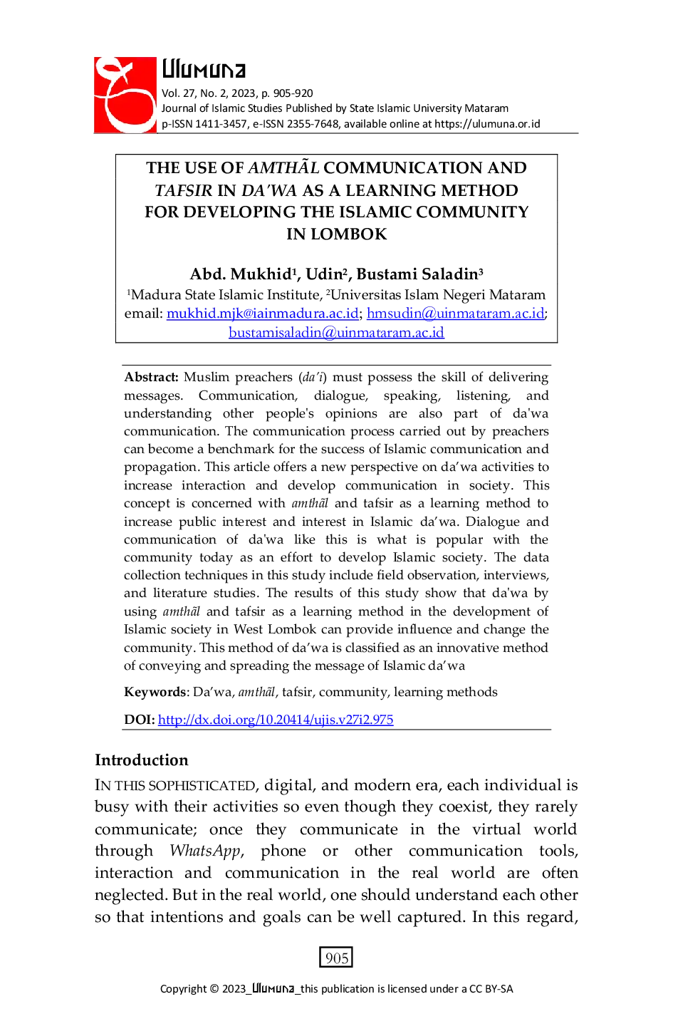 JURIS The Use of Amth l Communication and Tafsir in Da wa as a Learning Method for Developing the Islamic Community in Lombok