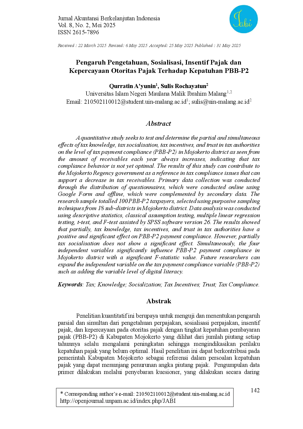 juris Pengaruh Pengetahuan Sosialisasi Insentif Pajak dan Kepercayaan Otoritas Pajak Terhadap Kepatuhan PBB P2