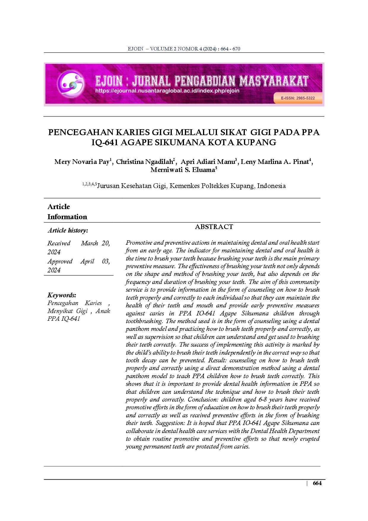 juris Pencegahan Karies Gigi Melalui Sikat Gigi Pada Ppa Iq 641 Agape Sikumana Kota Kupang