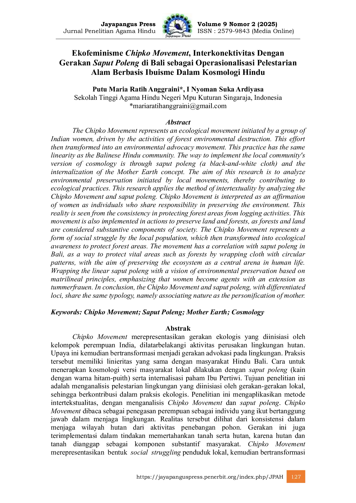 JURIS Ekofeminisme Chipko Movement Interkonektivitas Dengan Gerakan Saput Poleng di Bali sebagai Operasionalisasi Pelestarian Alam Berbasis Ibuisme Dalam Kosmologi Hindu
