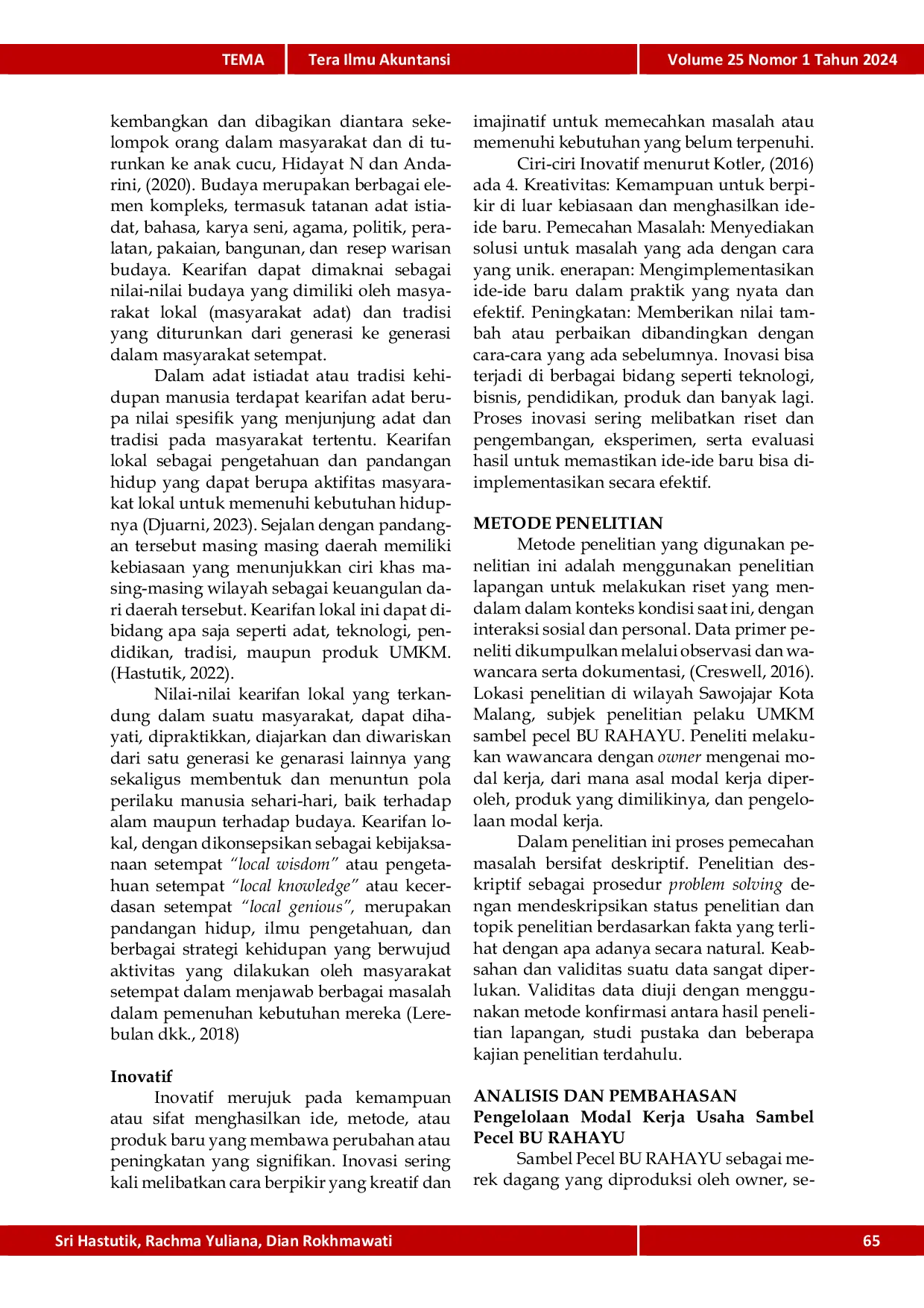 JURIS Pengelolaan Modal Kerja UMKM Dengan Produk Kearifan Lokal Yang Inovatif