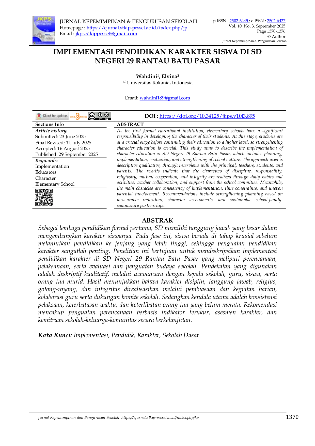 JURIS Implementasi Pendidikan Karakter Siswa di SD Negeri 29 Rantau Batu Pasar