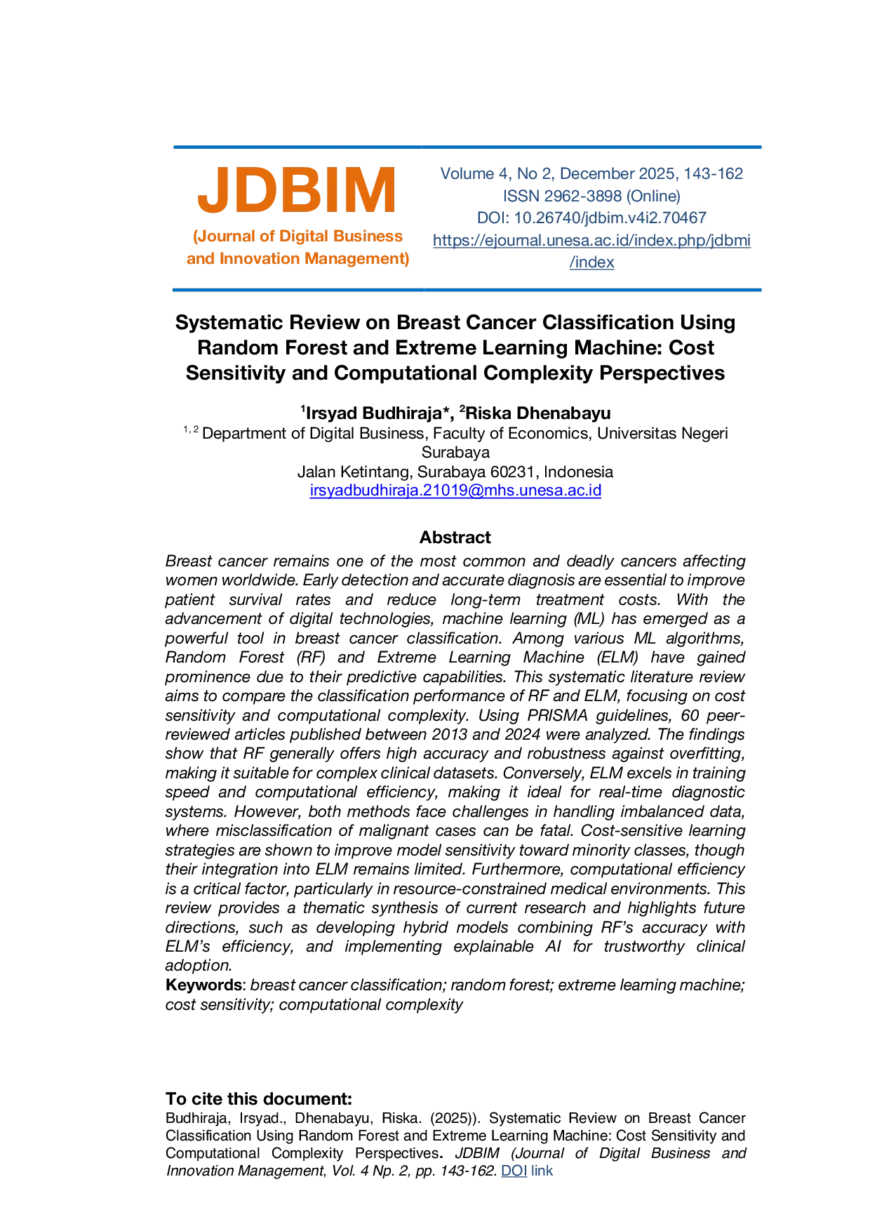 JURIS Systematic Review on Breast Cancer Classification Using Random Forest and Extreme Learning Machine Cost Sensitivity and Computational Complexity Perspectives