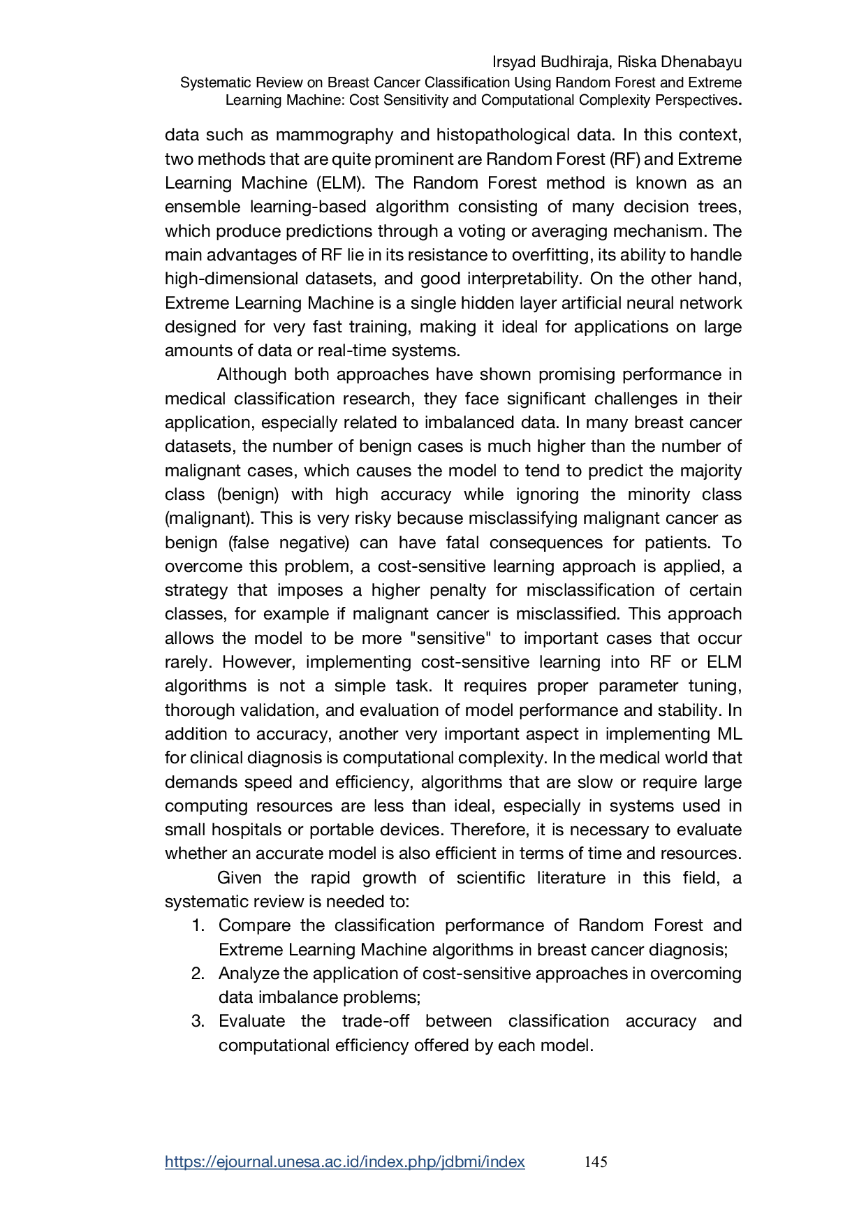 JURIS Systematic Review on Breast Cancer Classification Using Random Forest and Extreme Learning Machine Cost Sensitivity and Computational Complexity Perspectives