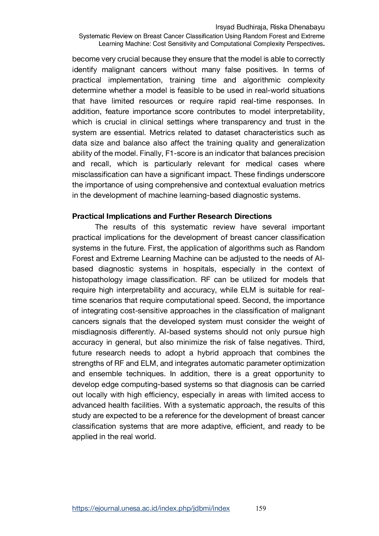 JURIS Systematic Review on Breast Cancer Classification Using Random Forest and Extreme Learning Machine Cost Sensitivity and Computational Complexity Perspectives