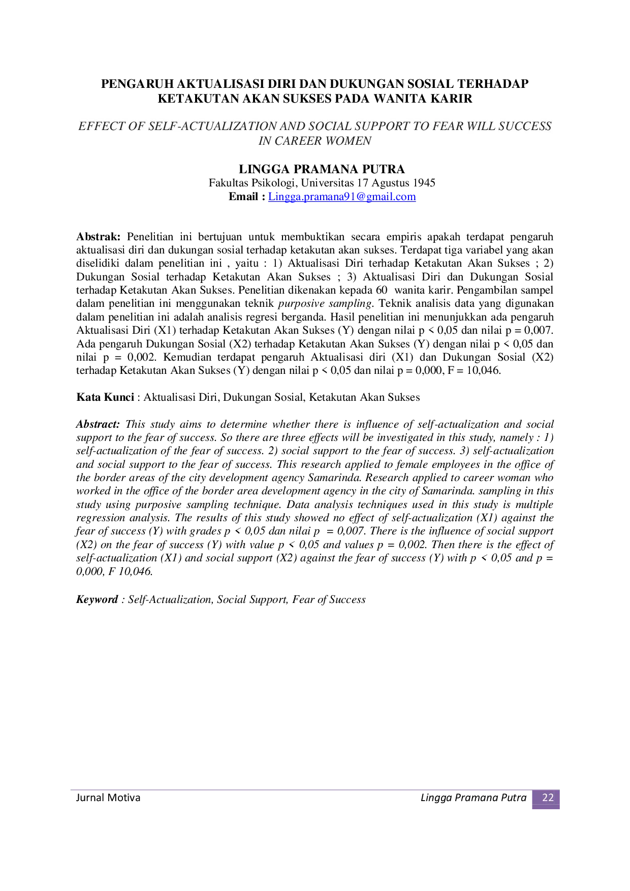 JURIS Pengaruh Aktualisasi Diri dan Dukungan Sosial Terhadap Ketakutan Akan Sukses pada Wanita Karir