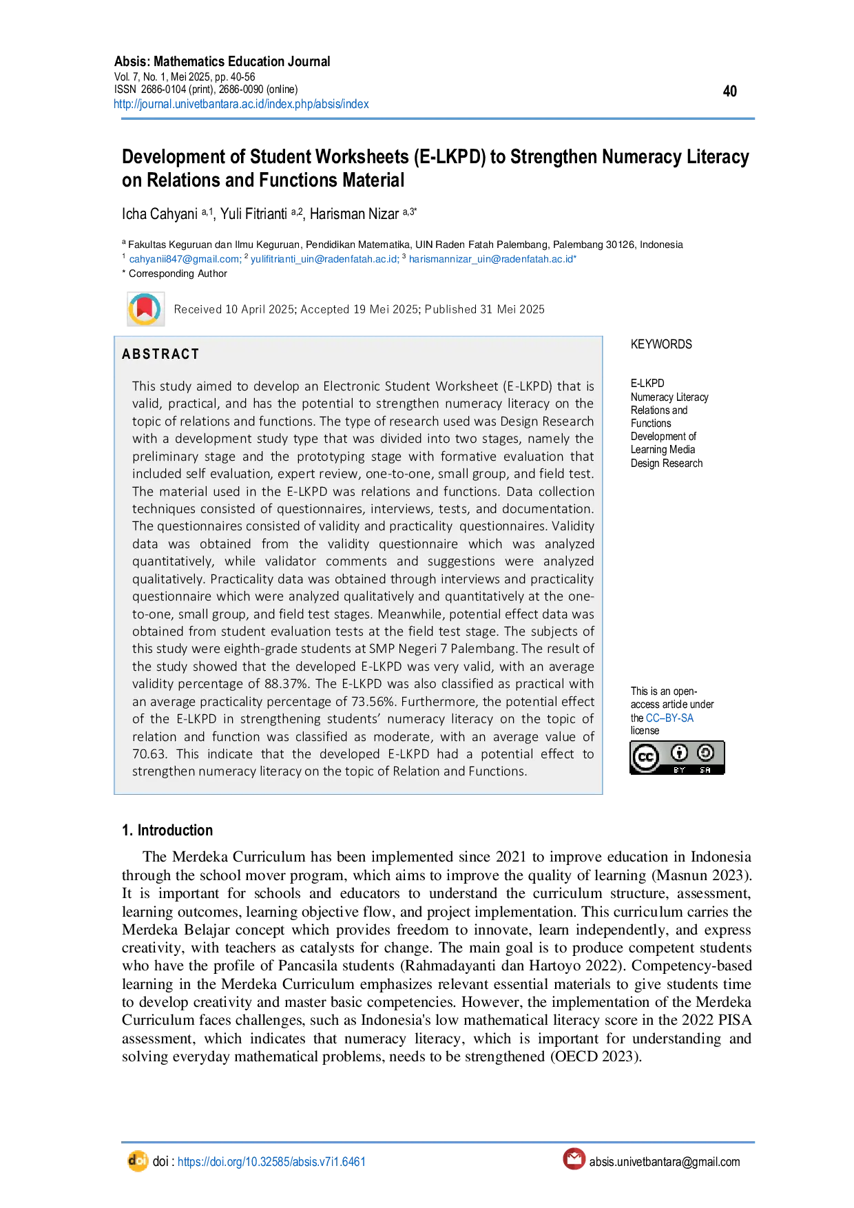 JURIS Development of Student Worksheets E LKPD to Strengthen Numeracy Literacy on Relations and Functions Material