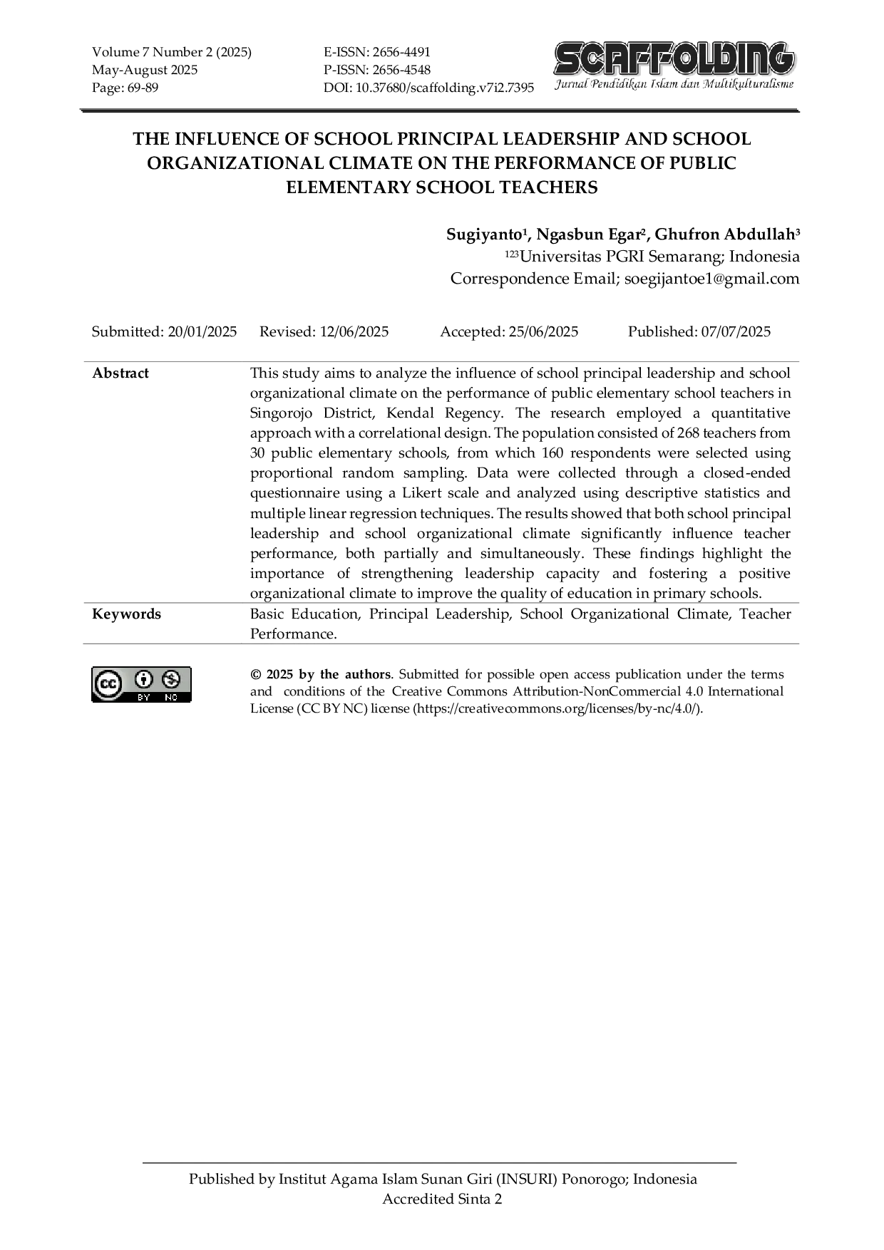 JURIS The Influence of School Principal Leadership and School Organizational Climate on the Performance of Public Elementary School Teachers