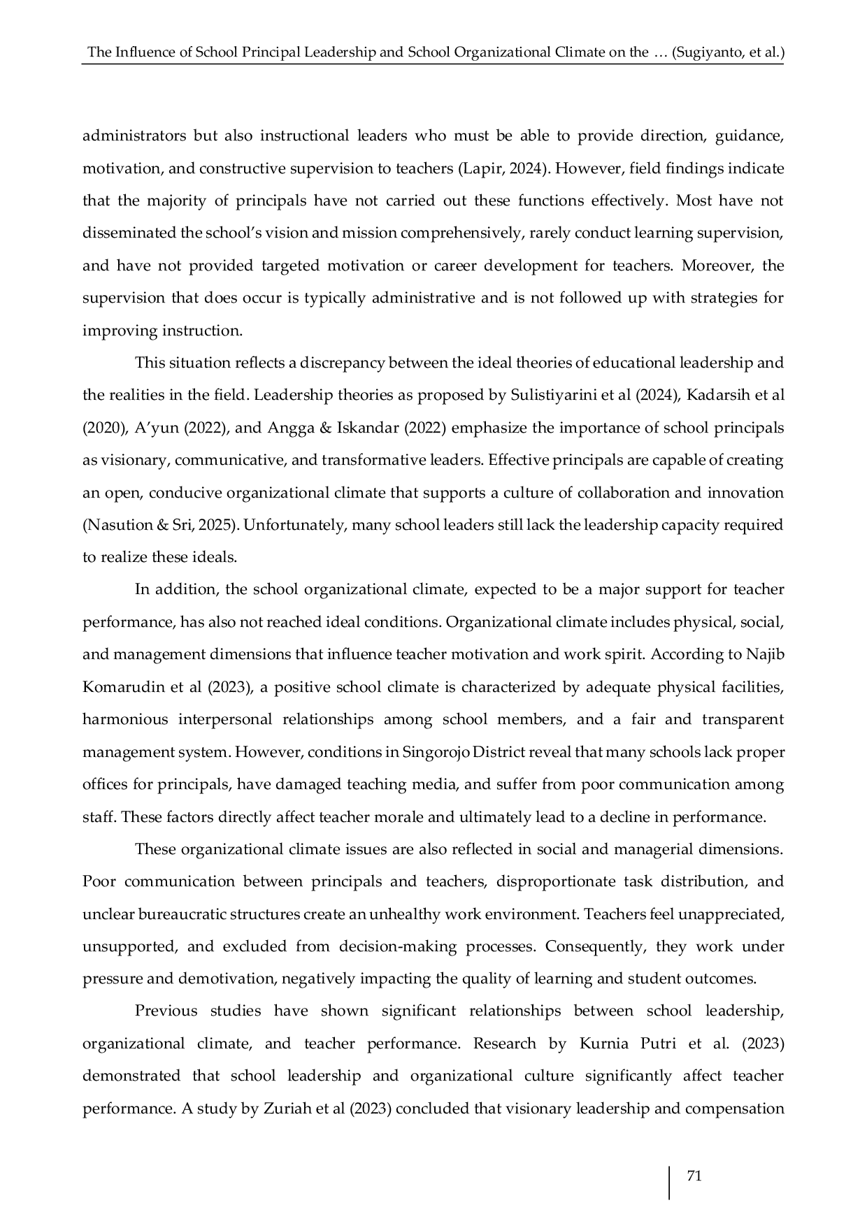 JURIS The Influence of School Principal Leadership and School Organizational Climate on the Performance of Public Elementary School Teachers