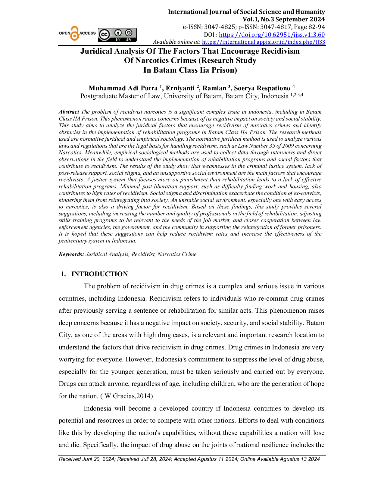 JURIS Juridical Analysis Of The Factors That Encourage Recidivism Of Narcotics Crimes Research Study In Batam Class Iia Prison