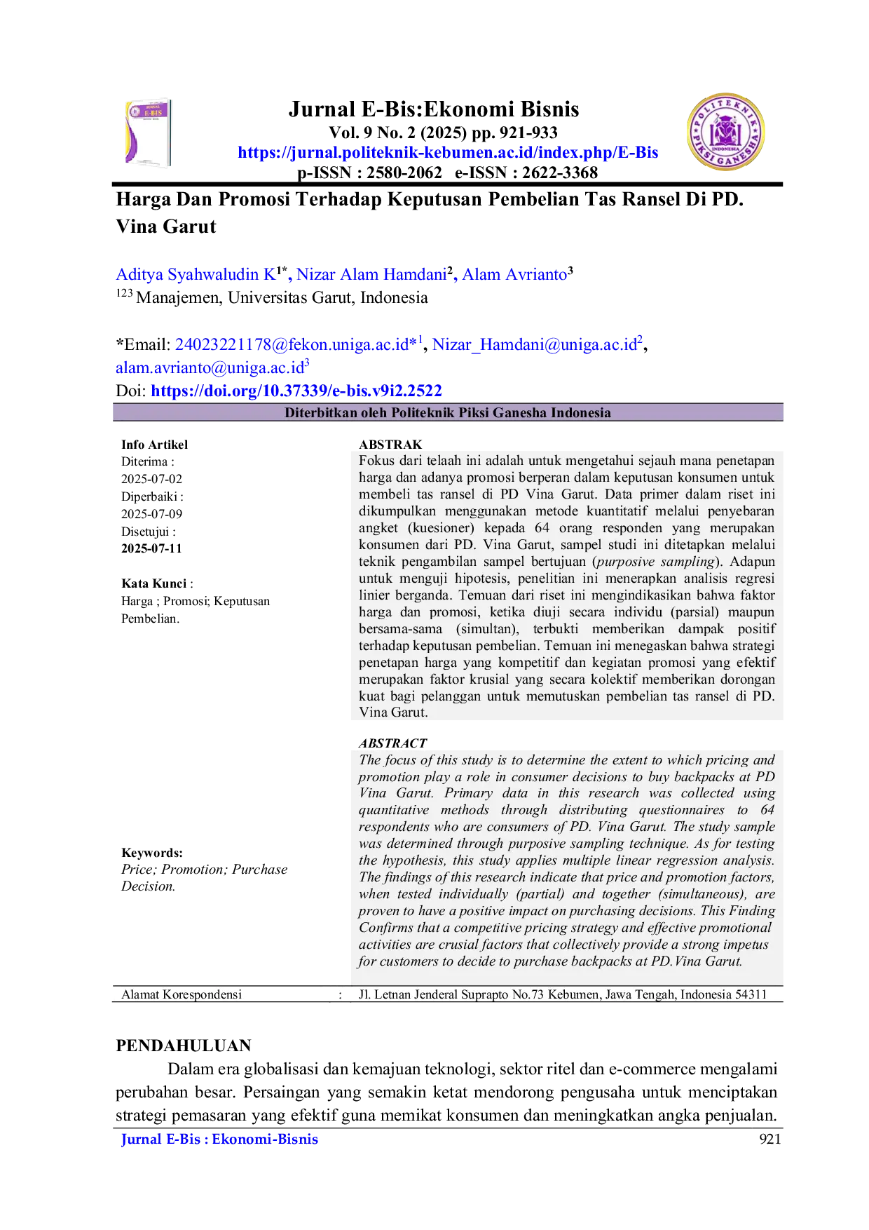 JURIS Harga Dan Promosi Terhadap Keputusan Pembelian Tas Ransel Di PD