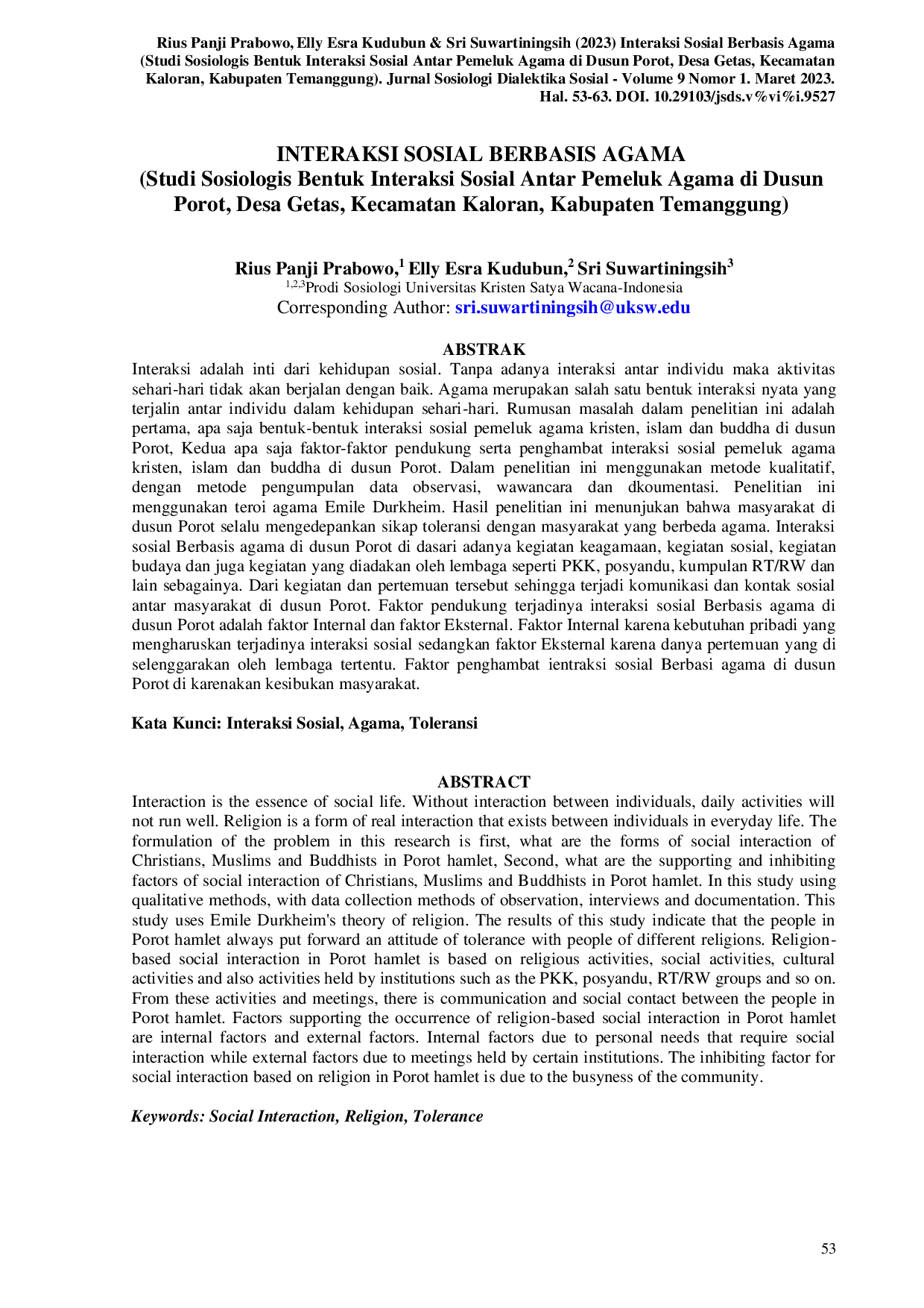 JURIS INTERAKSI SOSIAL BERBASIS AGAMA Studi Sosiologis Bentuk Interaksi Sosial Antar Pemeluk Agama di Dusun Porot Desa Getas Kecamatan Kaloran Kabupaten Temanggung