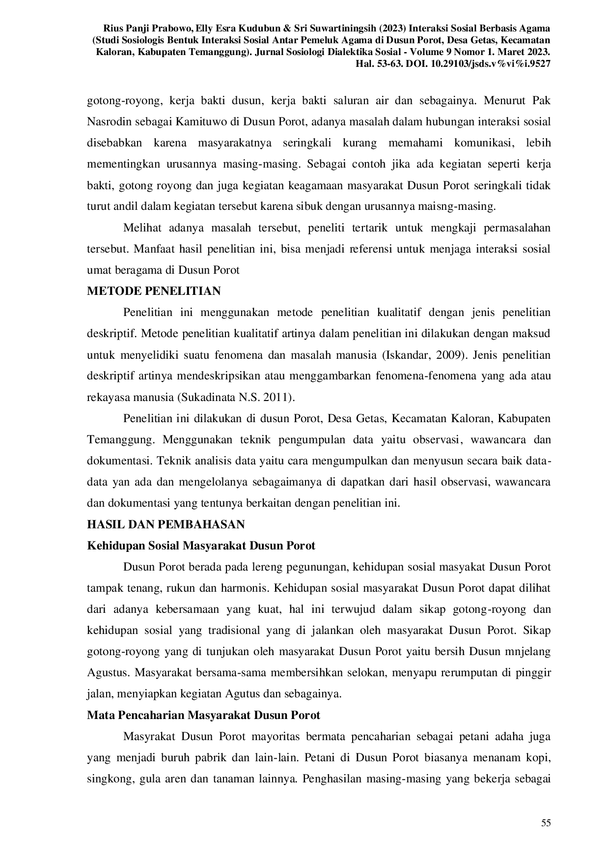 JURIS INTERAKSI SOSIAL BERBASIS AGAMA Studi Sosiologis Bentuk Interaksi Sosial Antar Pemeluk Agama di Dusun Porot Desa Getas Kecamatan Kaloran Kabupaten Temanggung