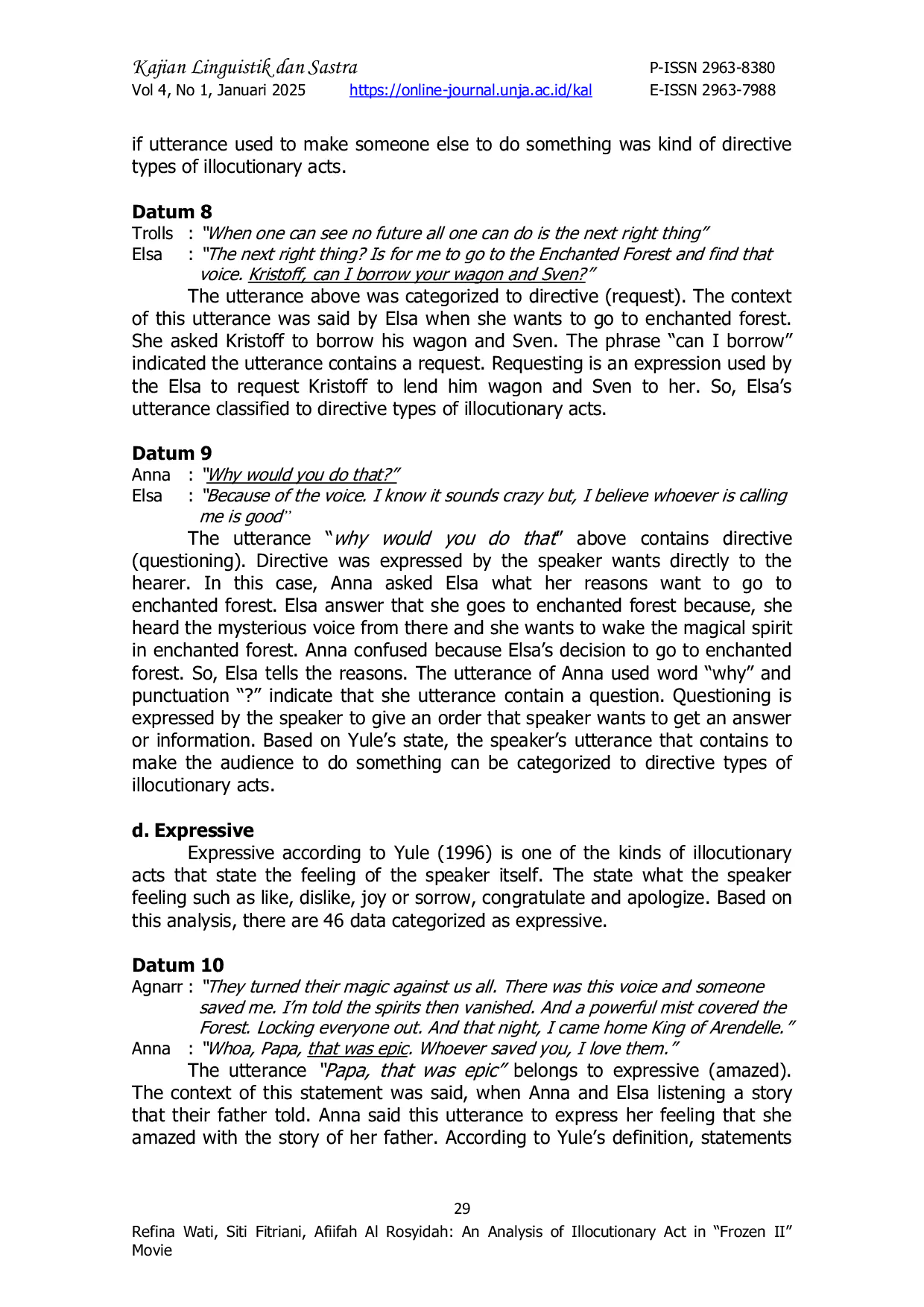 JURIS An Analysis of Illocutionary Act in Frozen II Movie