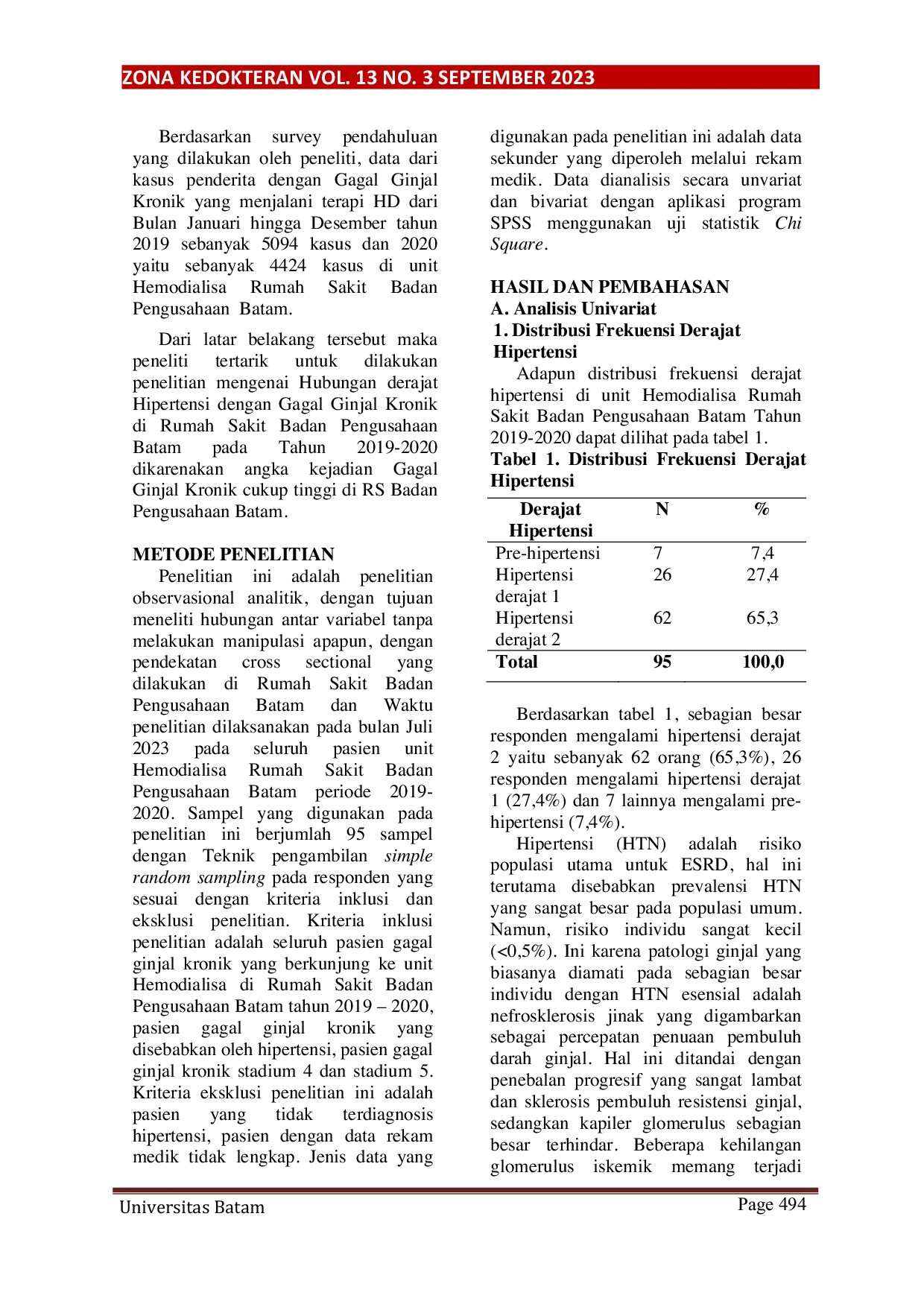 JURIS Hubungan Derajat Hipertensi dengan Stadium Gagal Ginjal Kronik di Unit Hemodialisa Rumah Sakit Badan Pengusahaan Batam Tahun 2019 2020