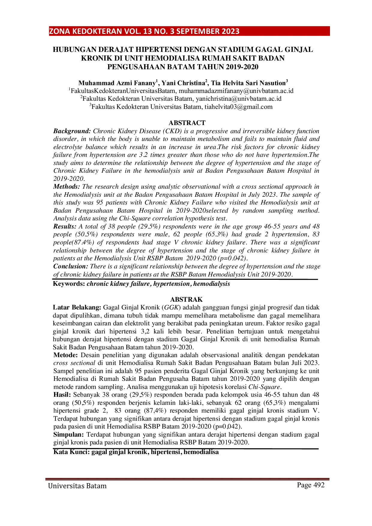 JURIS Hubungan Derajat Hipertensi dengan Stadium Gagal Ginjal Kronik di Unit Hemodialisa Rumah Sakit Badan Pengusahaan Batam Tahun 2019 2020