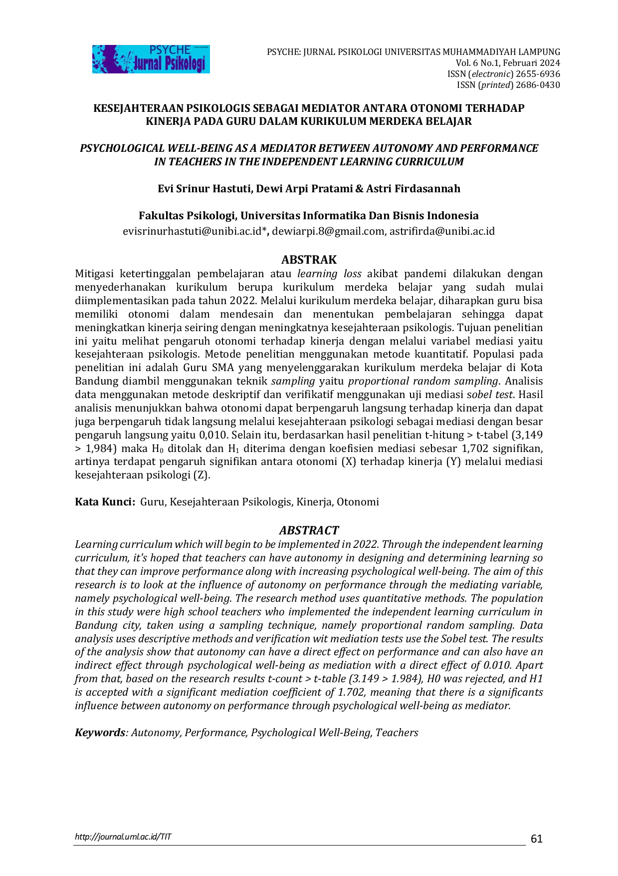 JURIS Kesejahteraan Psikologis Sebagai Mediator Antara Otonomi Terhadap Kinerja Pada Guru Dalam Kurikulum Merdeka Belajar